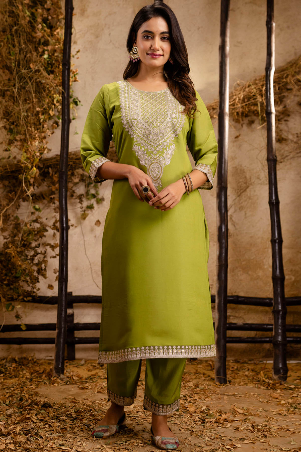 Pista Silk Round Neck Kurta Set