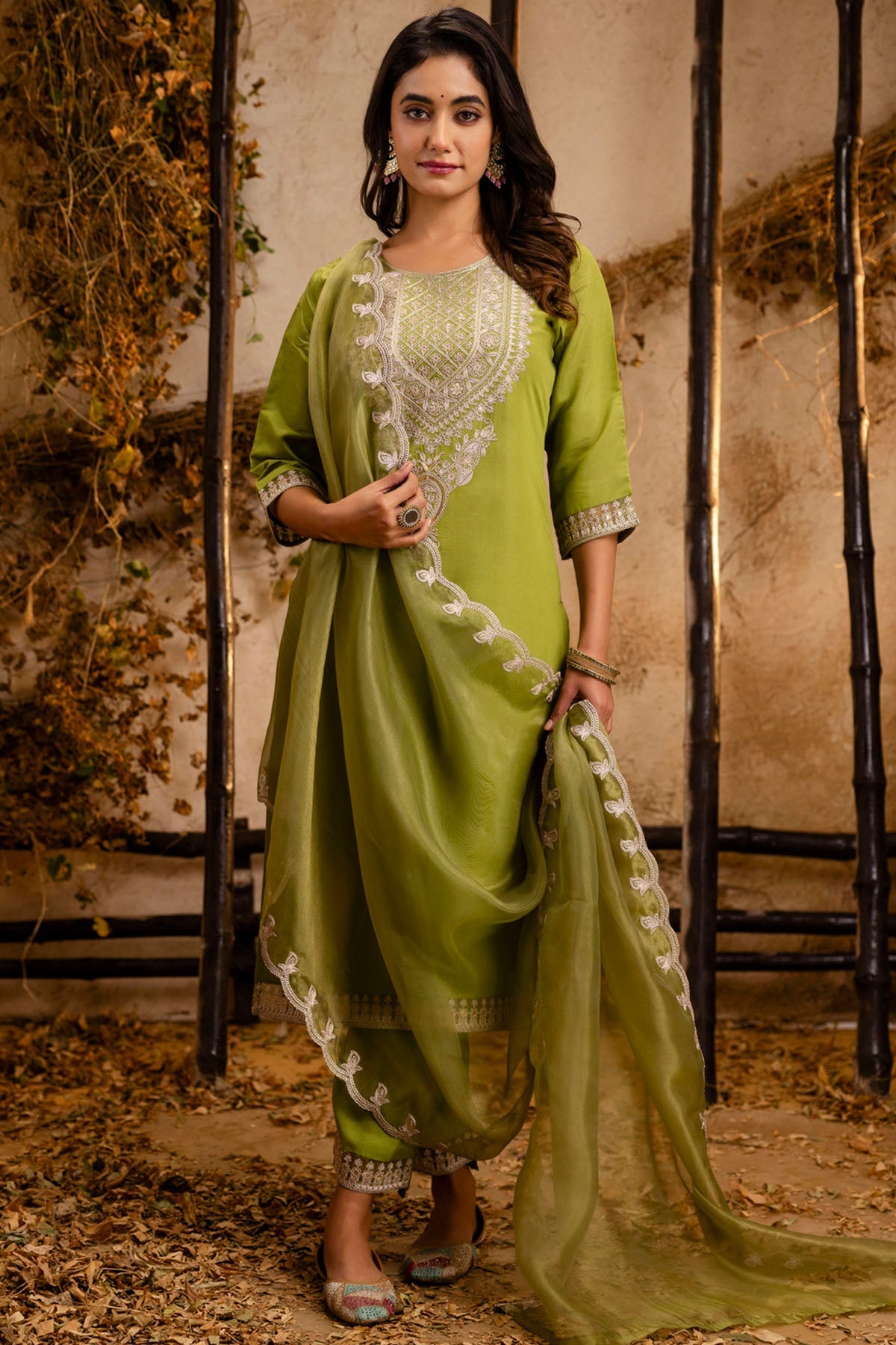 Buy Pista Silk Round Neck Kurta Set for women by Aastha Fashion online available at scrollnshops