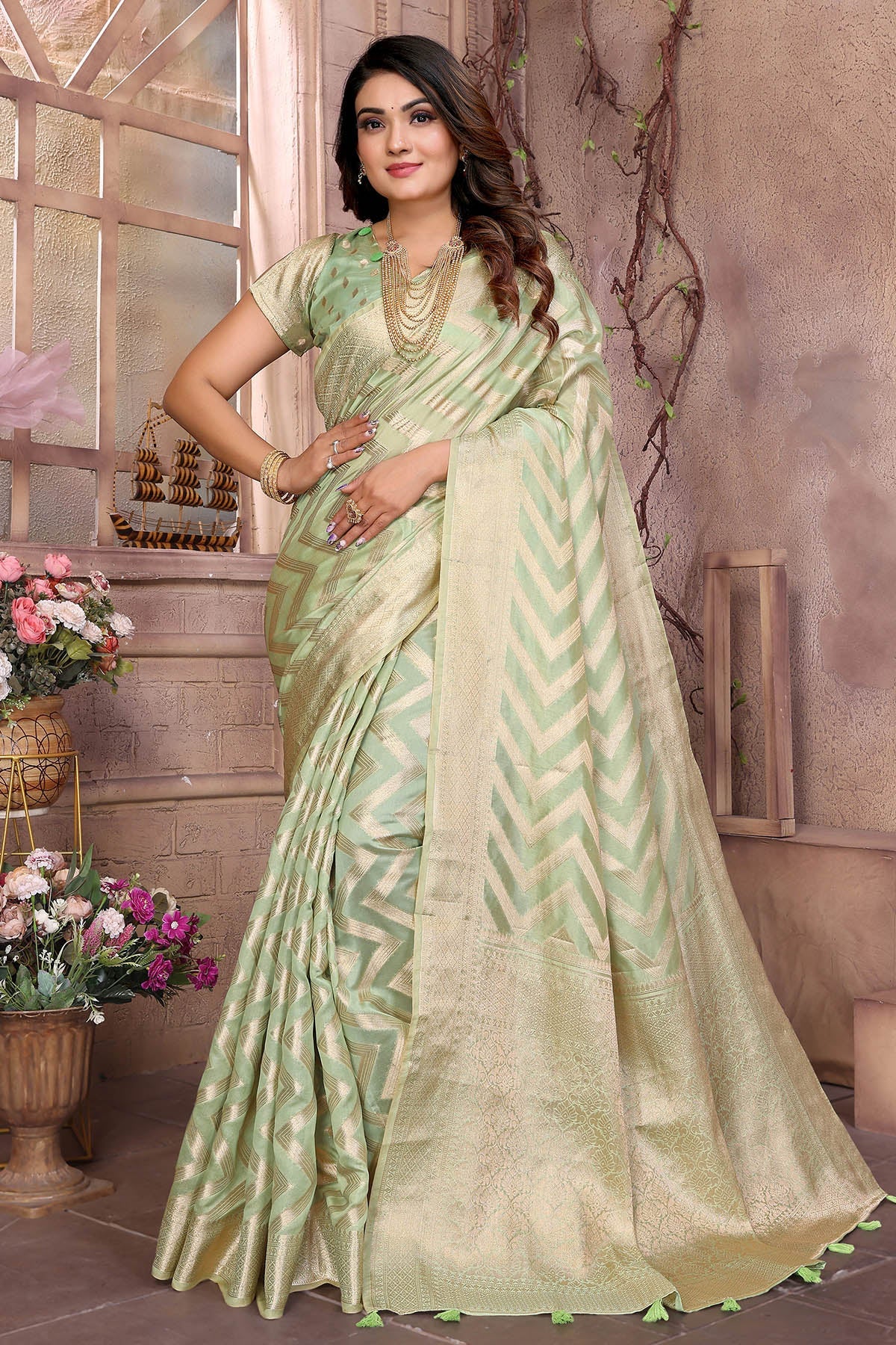 Buy Pista Soft Organza Silk Saree for women by Aastha Fashion online available at scrollnshops