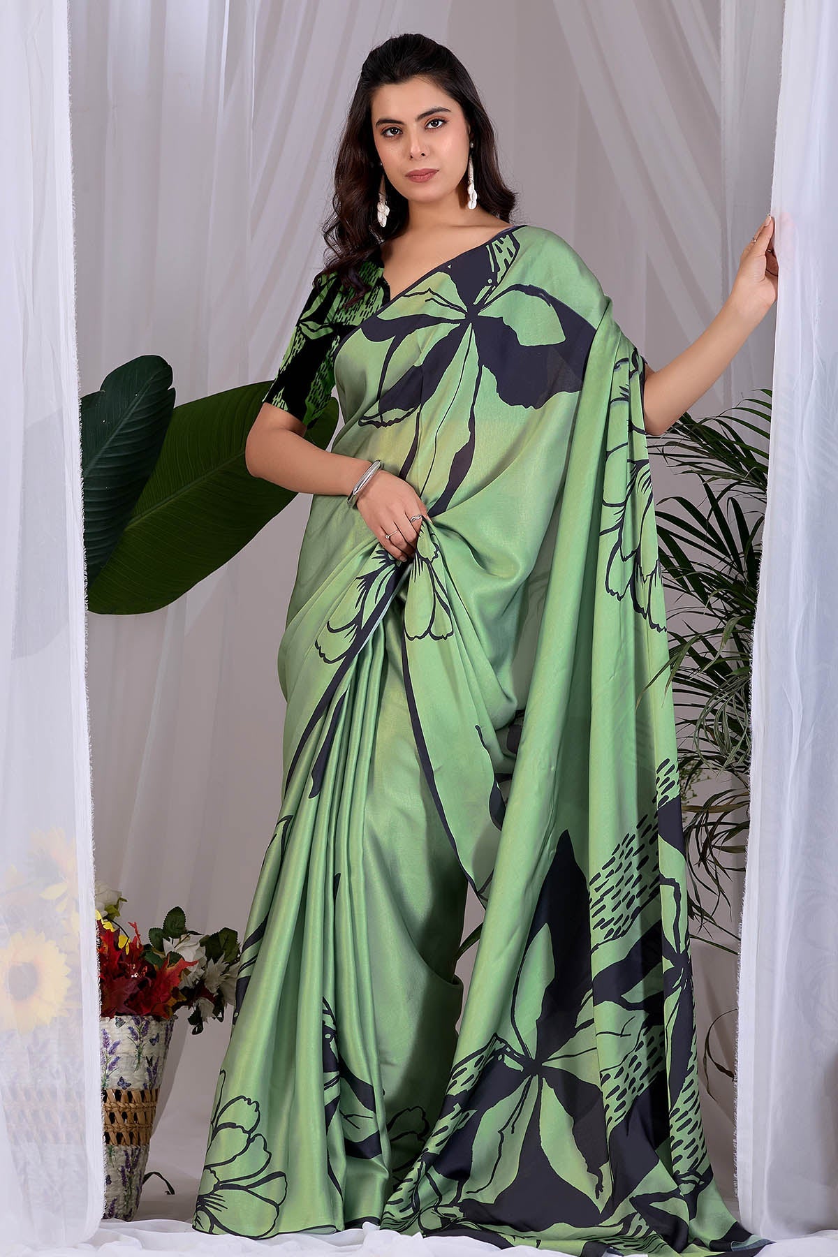 Buy Pista Soft Satin Printed Saree for women by Aastha Fashion online available at scrollnshops
