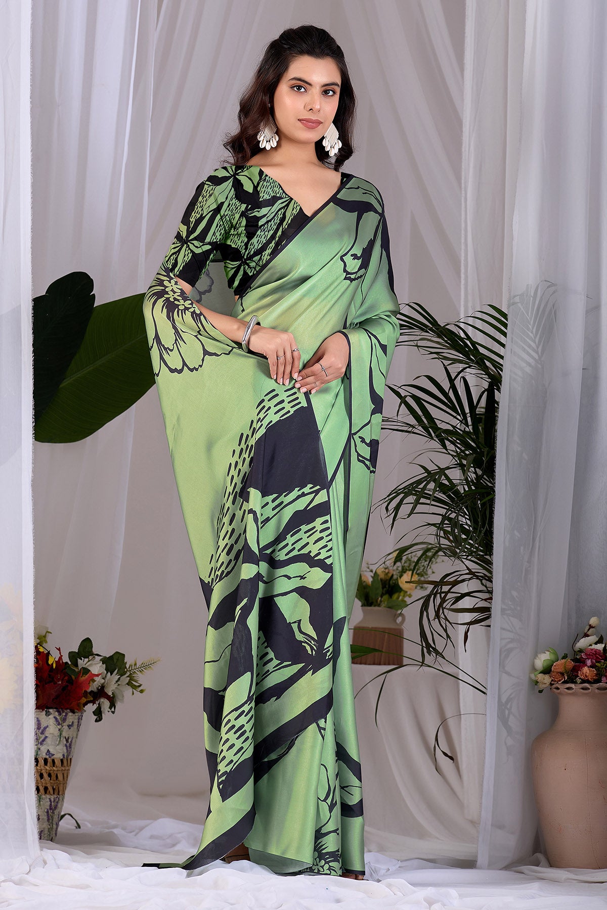 Pista Soft Satin Printed Saree