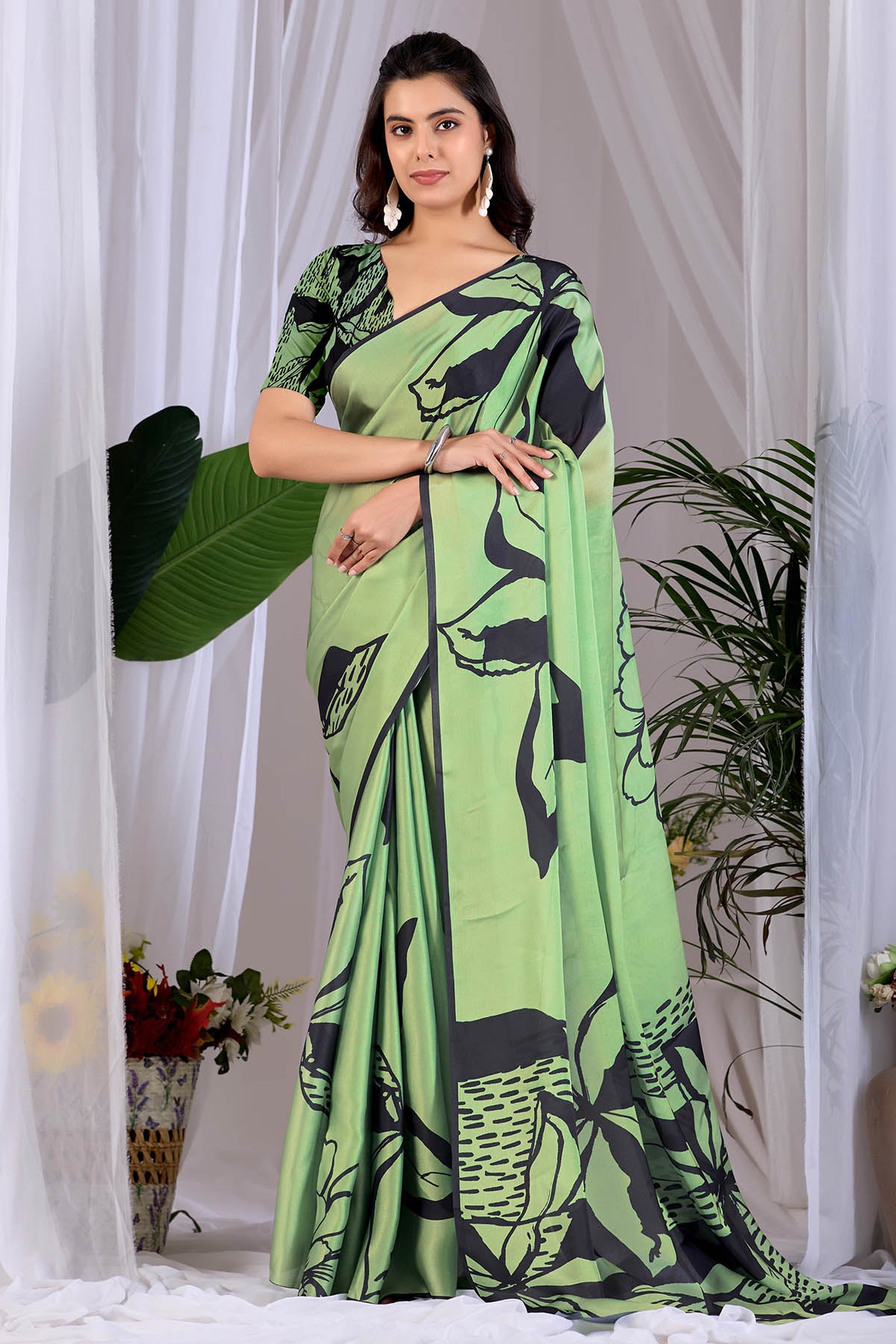 Pista Soft Satin Printed Saree
