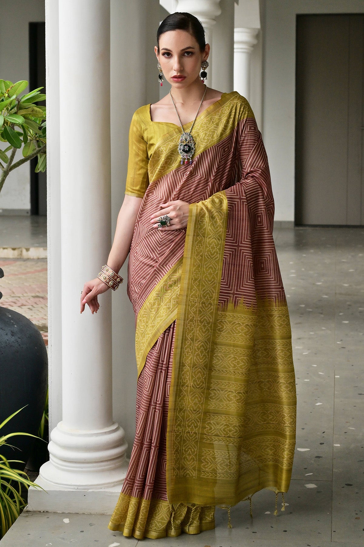 Buy Pista Soft Tussar Silk Saree for women by Lili Lala Designer online available at scrollnshops