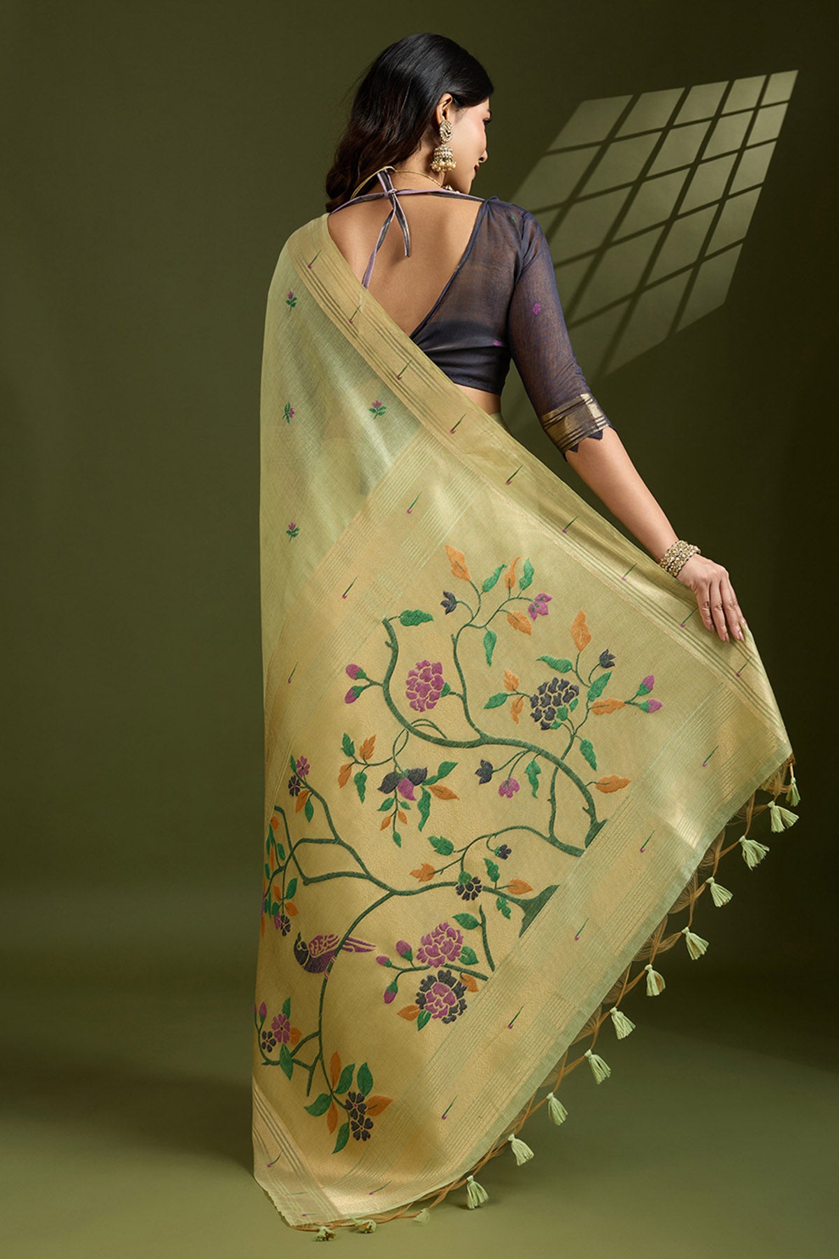 Pista Thread Work Paithani Saree