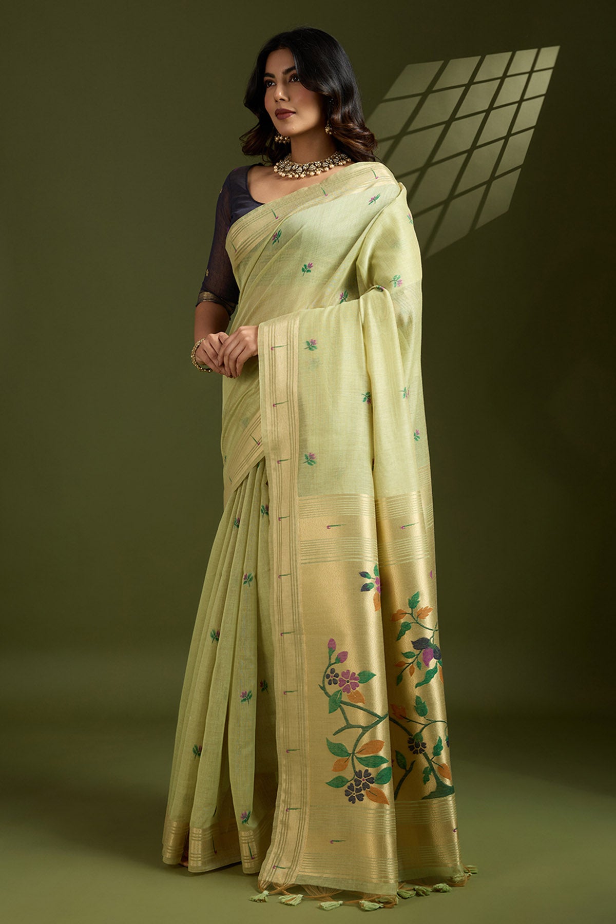 Pista Thread Work Paithani Saree