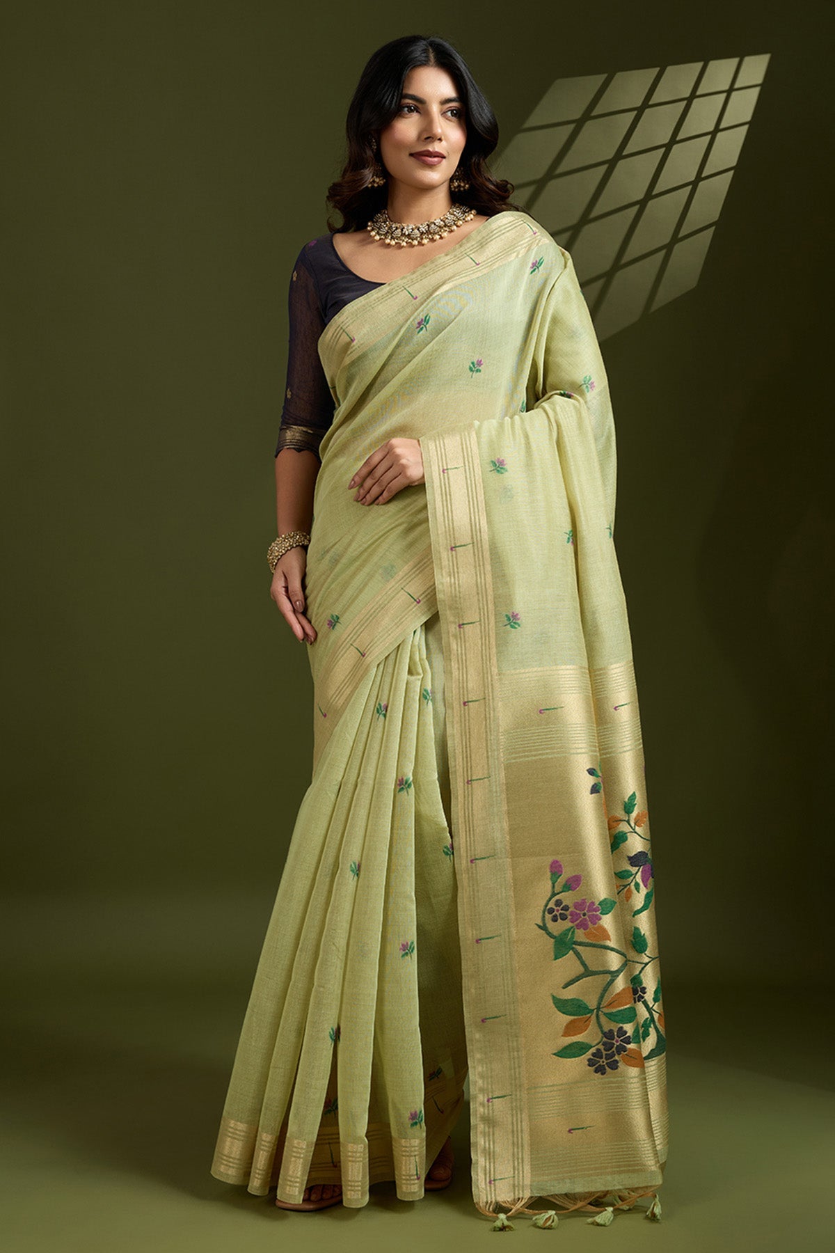 Buy Pista Thread Work Paithani Saree for Women Online available at ScrollnShops