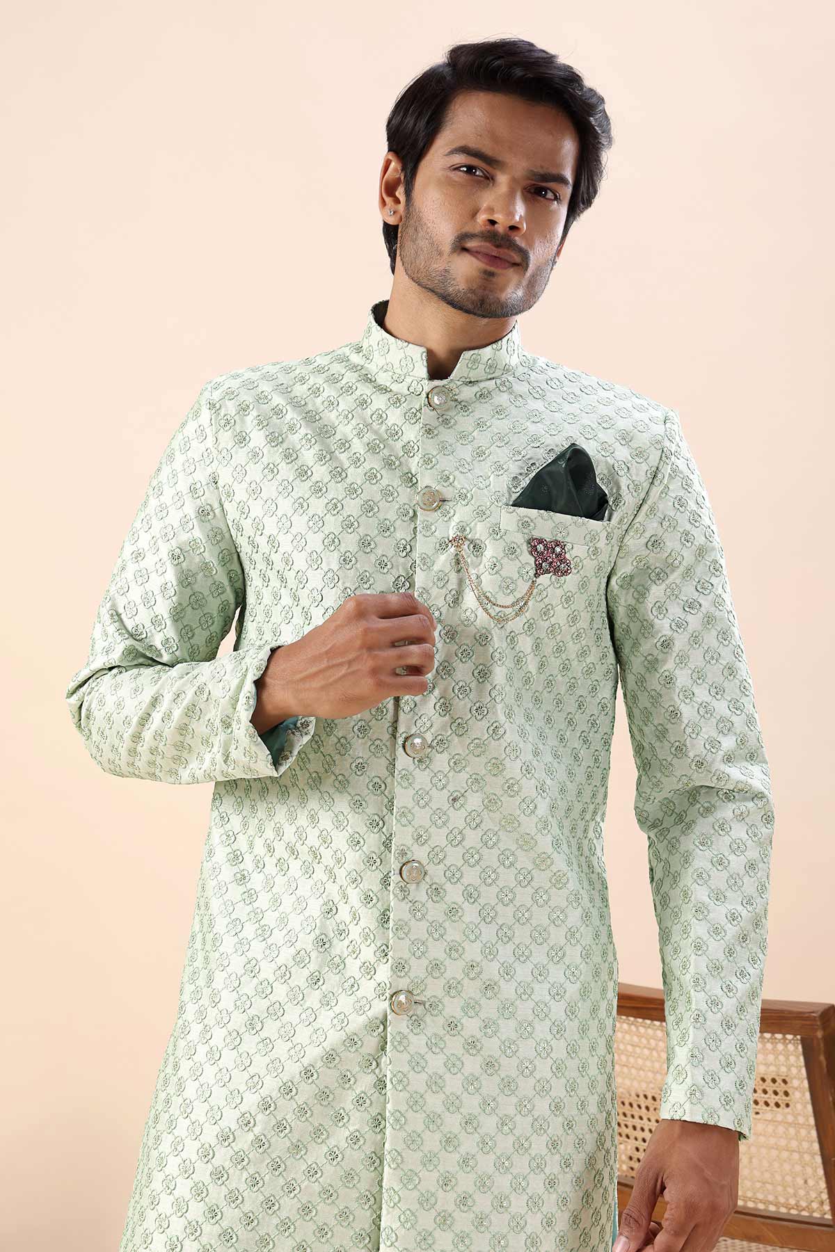Pista Thread Work Sherwani Set