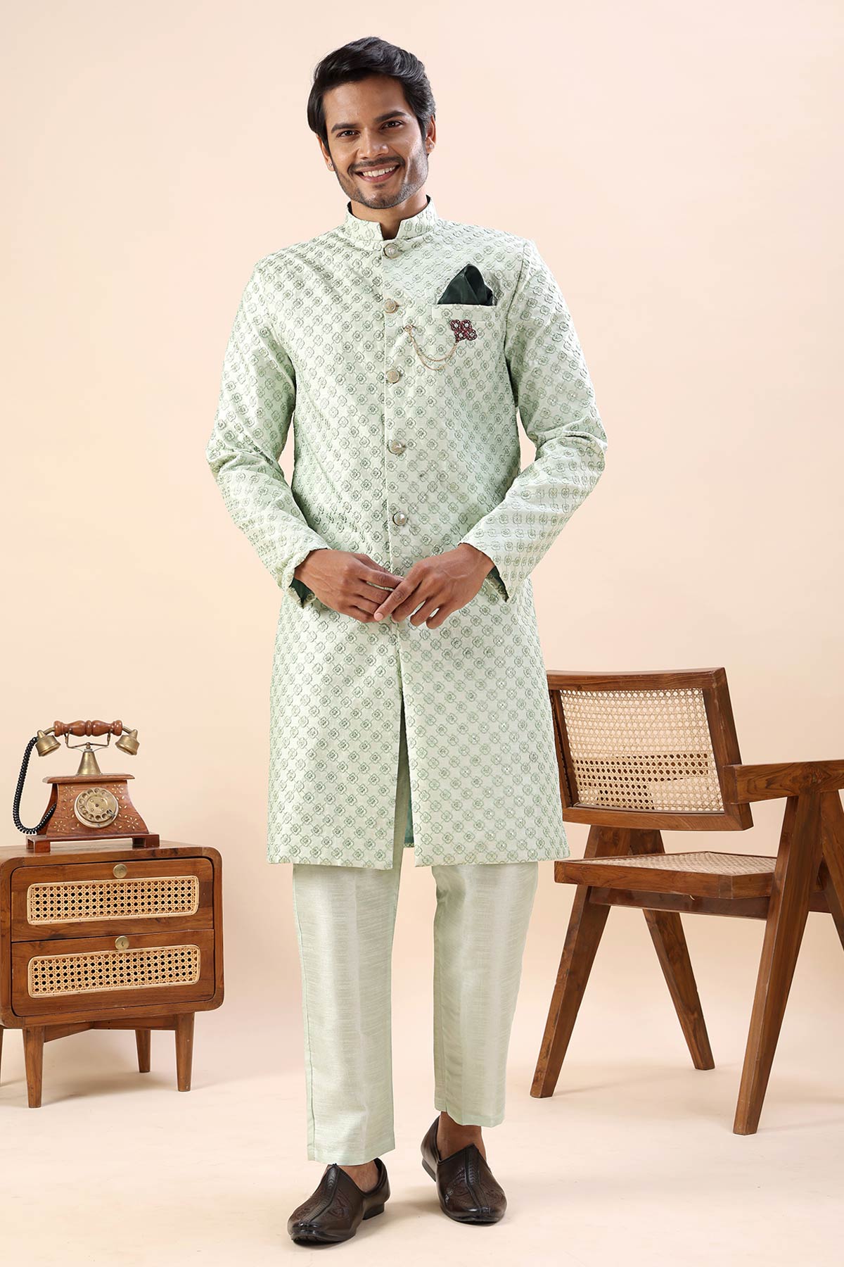 Buy Pista Thread Work Sherwani Set for men by Aastha Fashion online available at scrollnshops