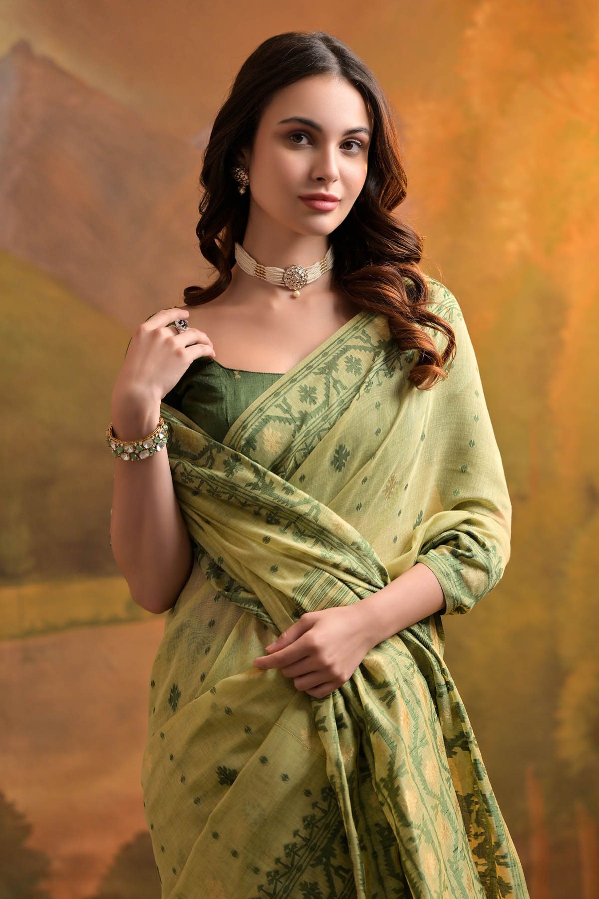 Pista Thread Woven Butti Saree