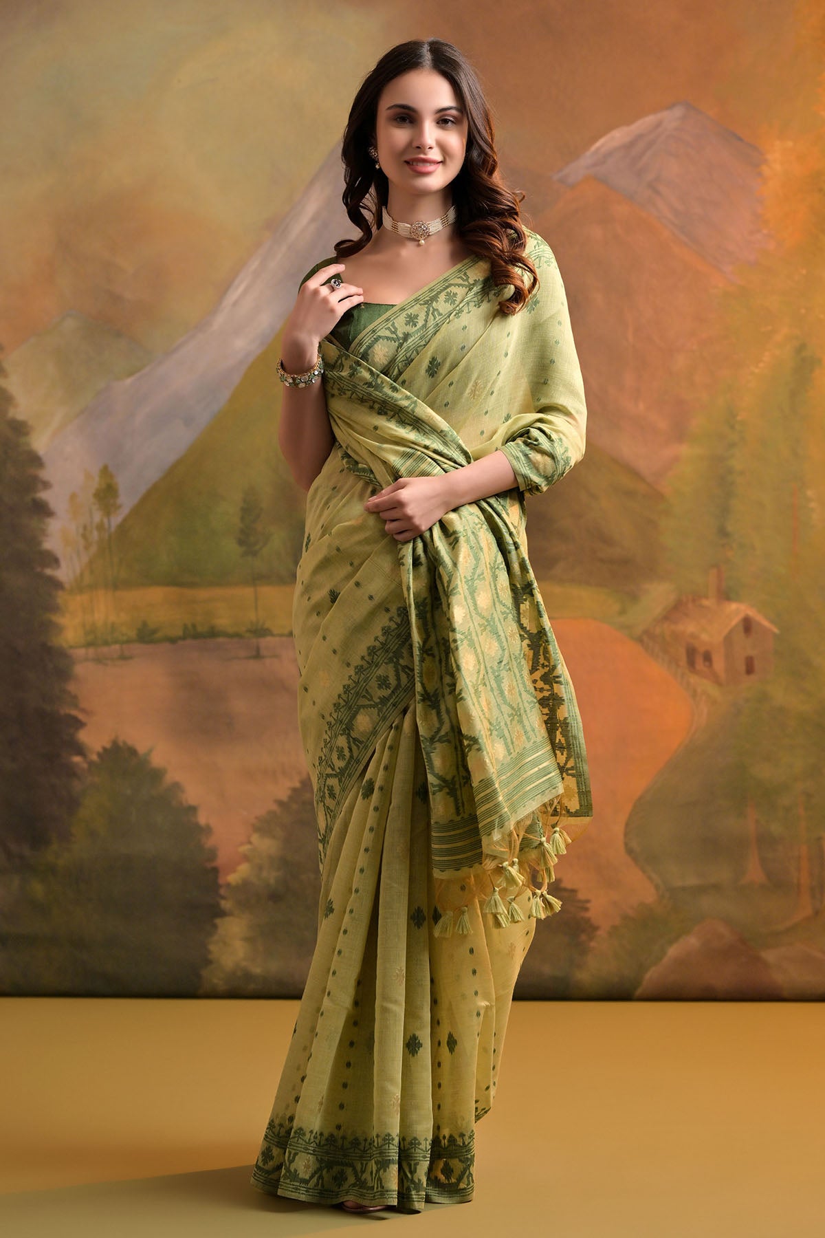 Pista Thread Woven Butti Saree