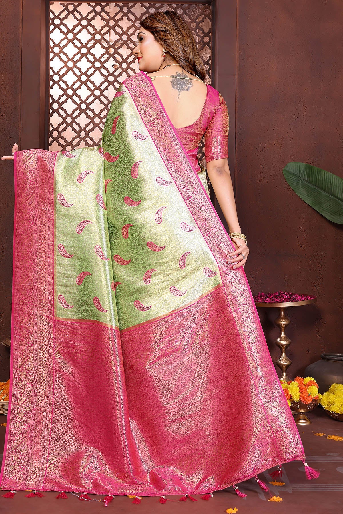Pista Tissue Silk Fancy Saree