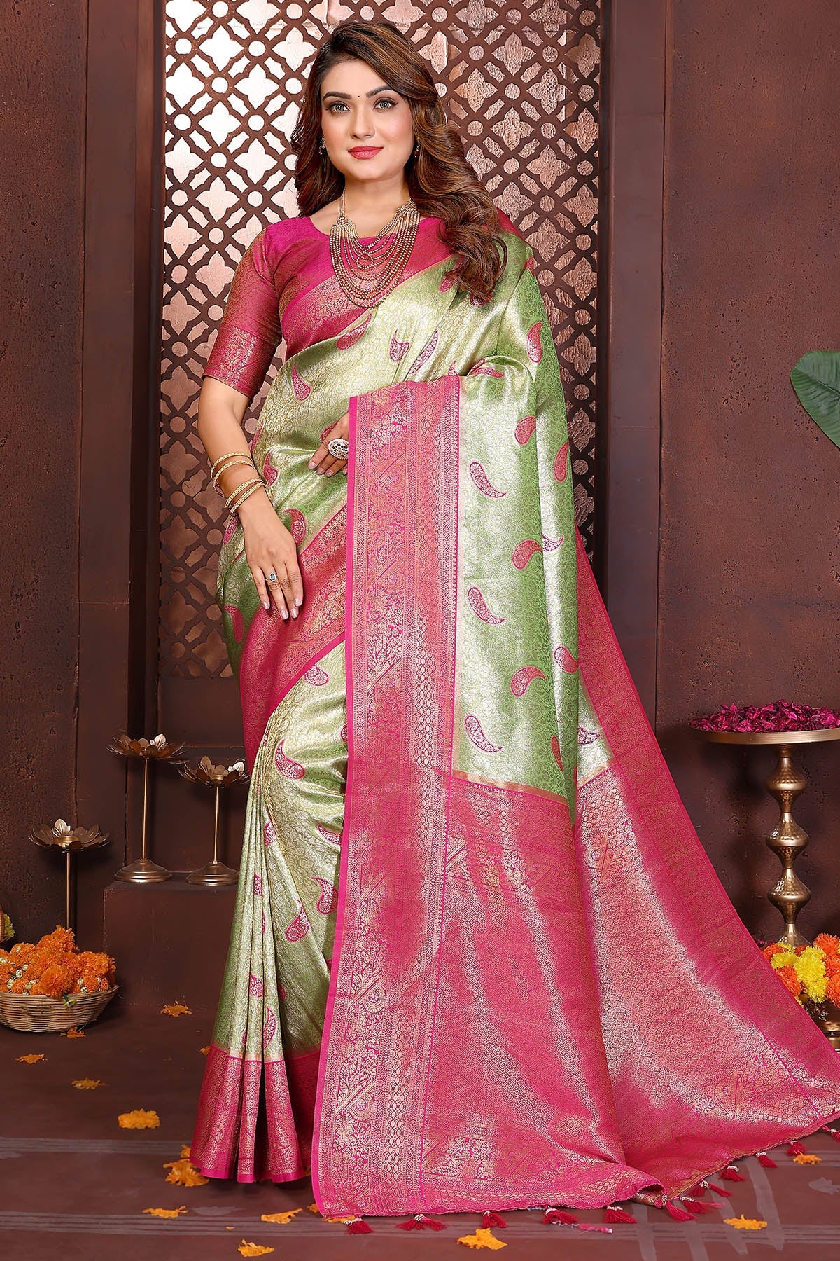 Buy Pista Tissue Silk Fancy Saree for women by Aastha Fashion online available at scrollnshops
