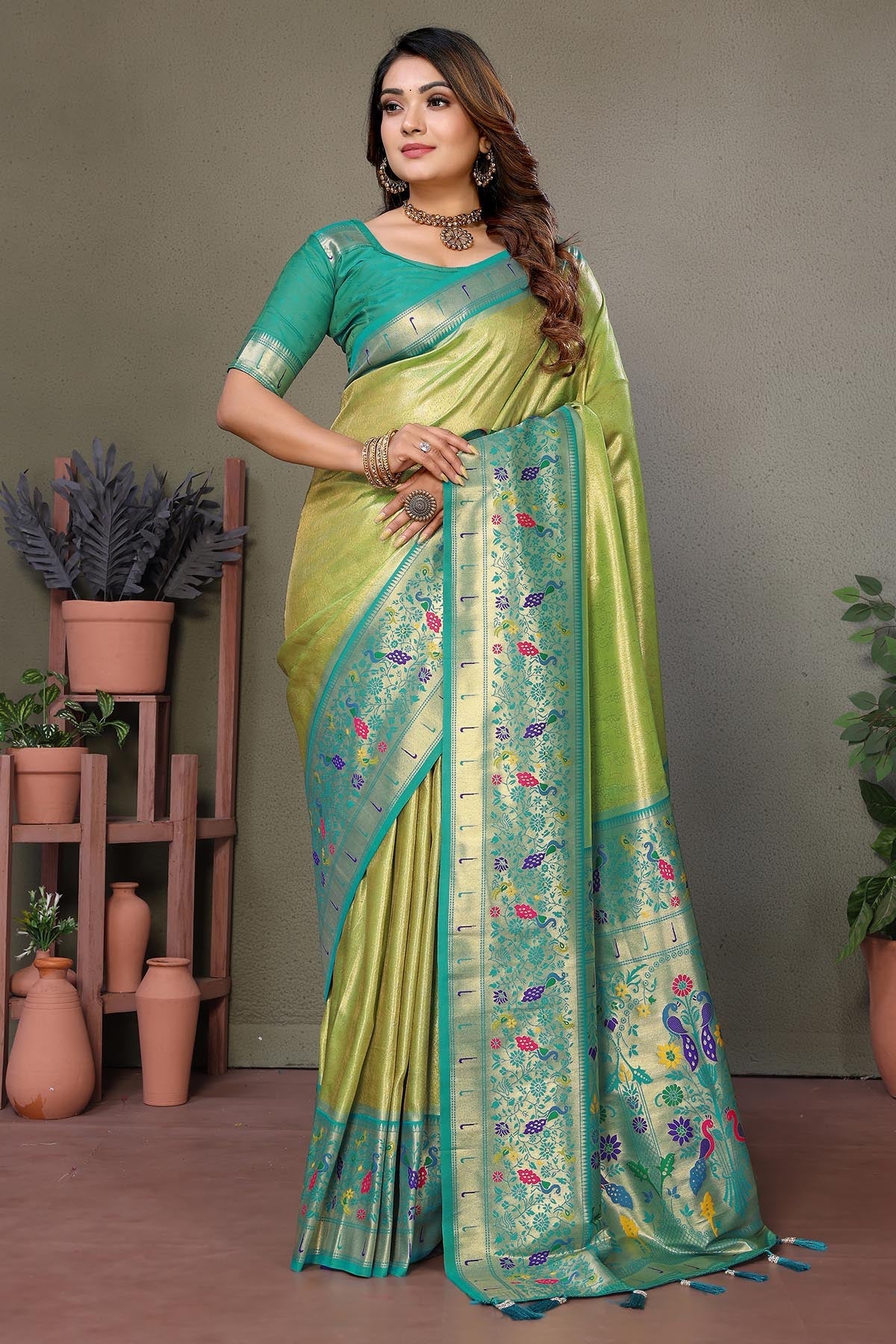 Buy Pista Tissue Silk Woven Saree for women by Aastha Fashion online available at scrollnshops