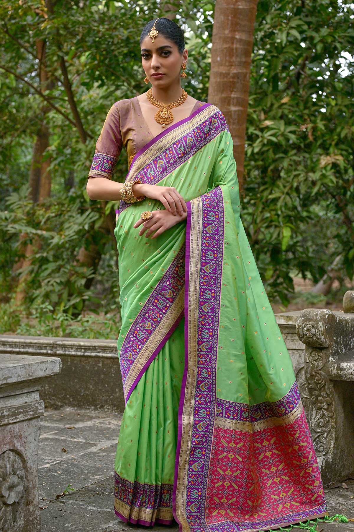 Buy Pista Zari Banarasi Silk Saree by Lili Lala for women online at ScrollnShops