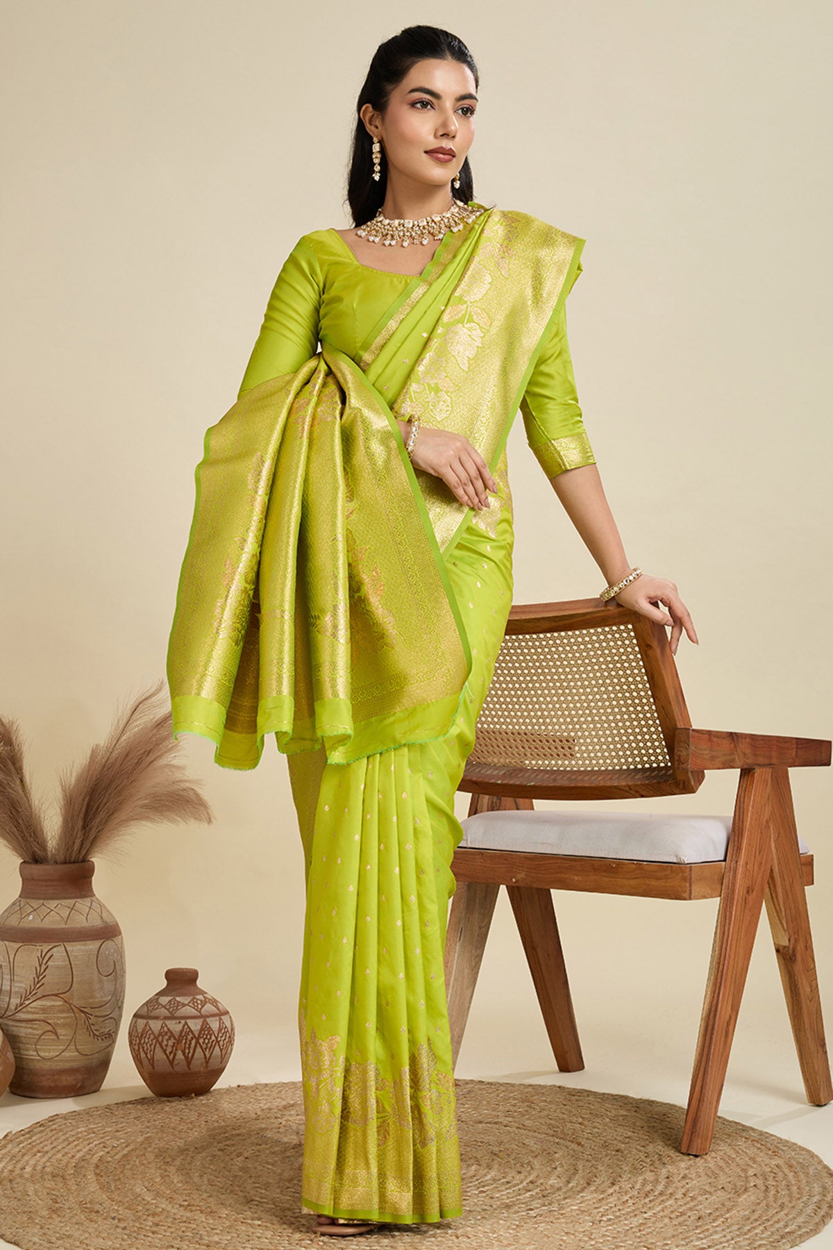 Pista Zari Floral Saree & Blouse