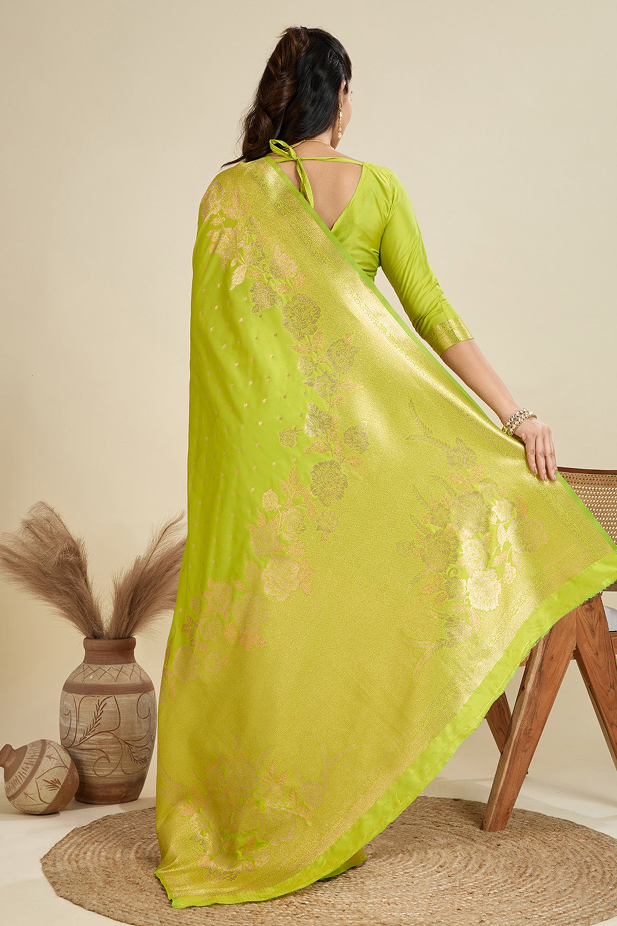 Pista Zari Floral Saree & Blouse