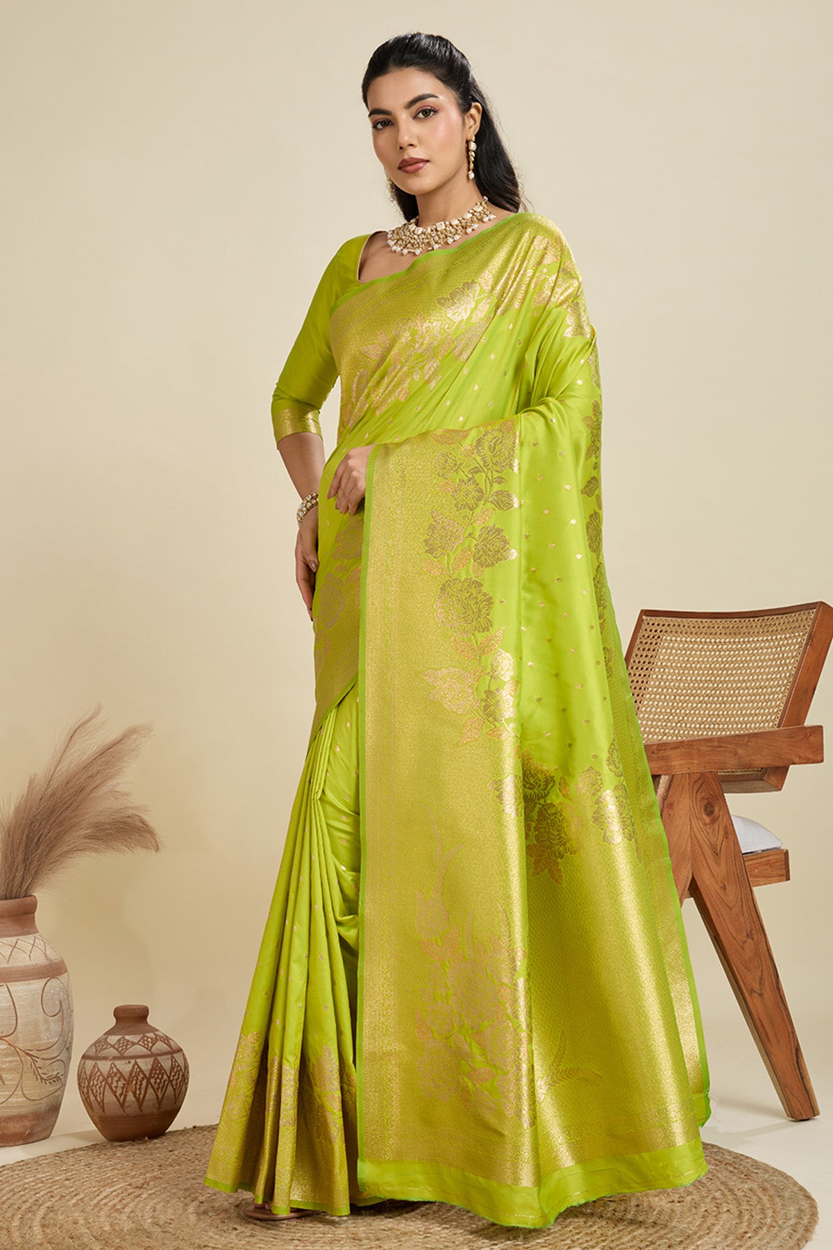 Pista Zari Floral Saree & Blouse