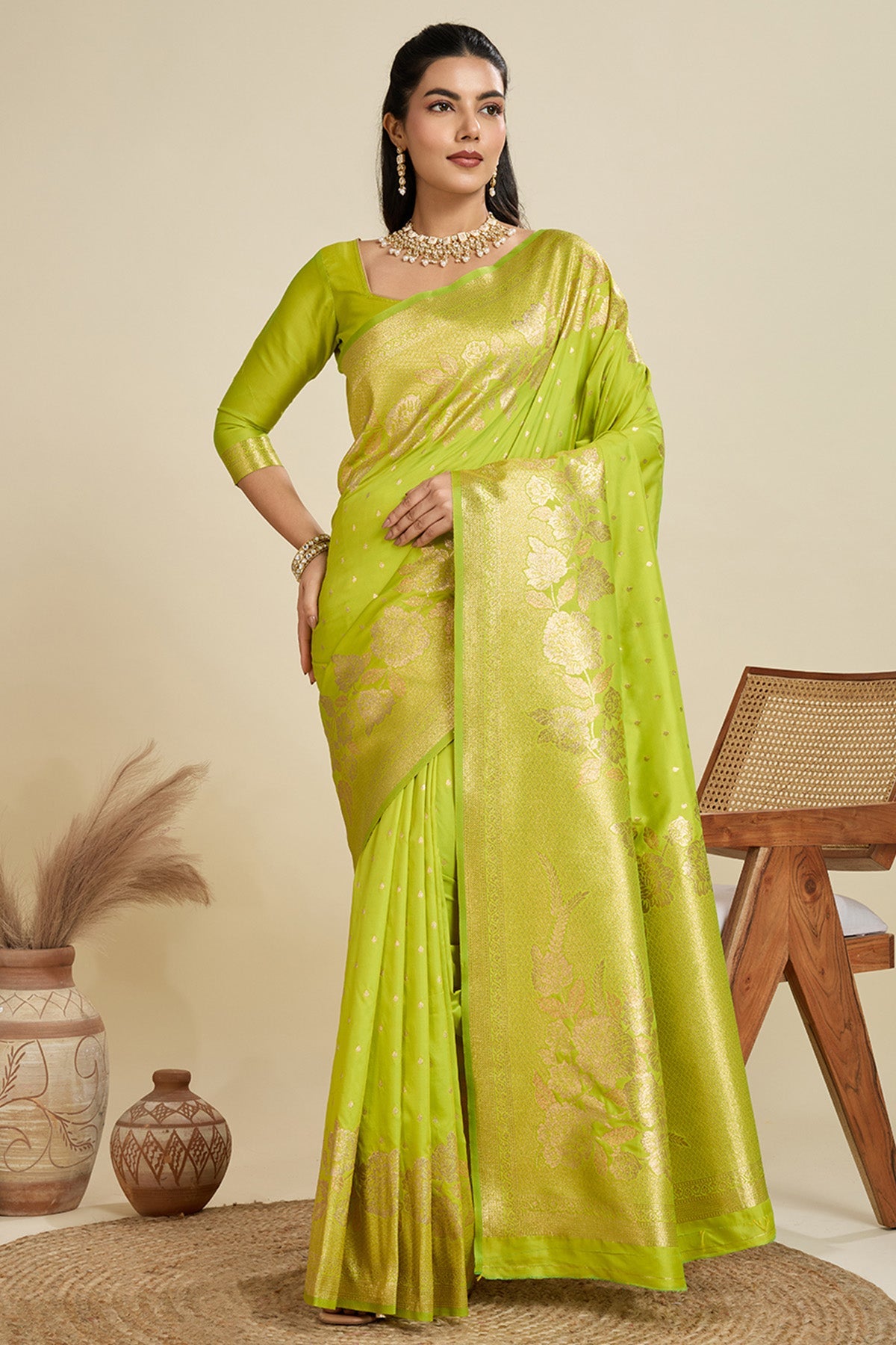 Buy Pista Zari Floral Saree & Blouse for Women Online available at ScrollnShops
