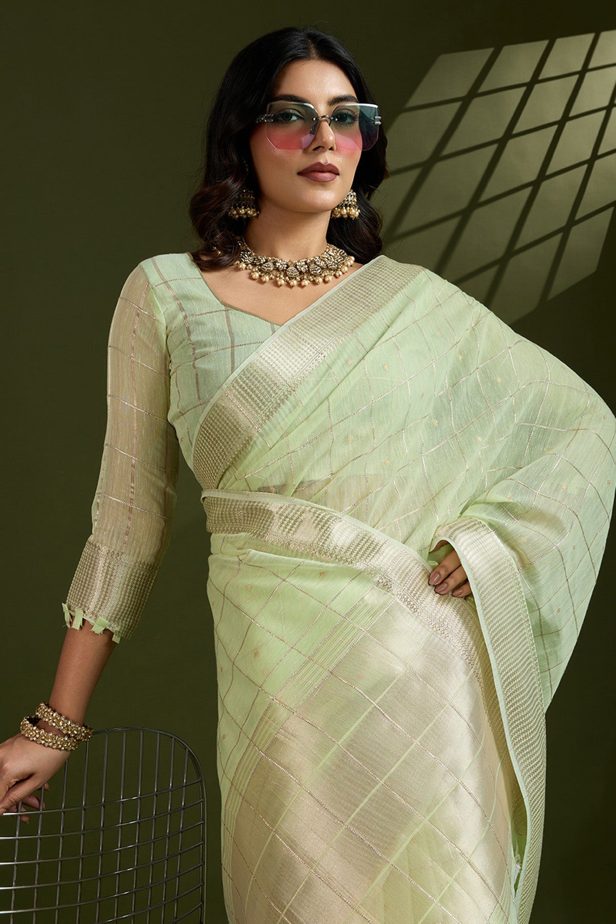 Pista Zari Silk Saree & Blouse