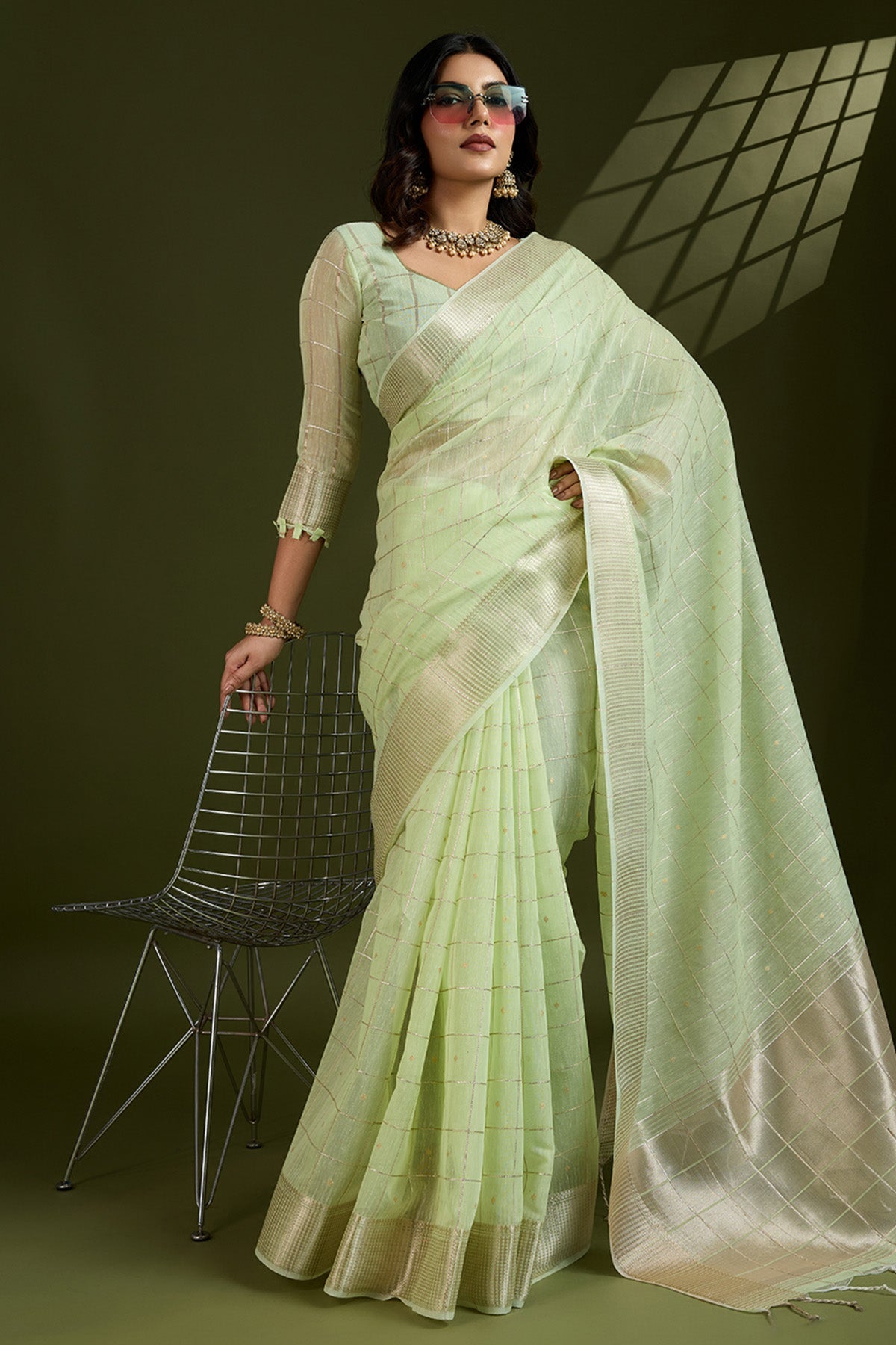 Buy Pista Zari Silk Saree & Blouse for Women Online available at ScrollnShops