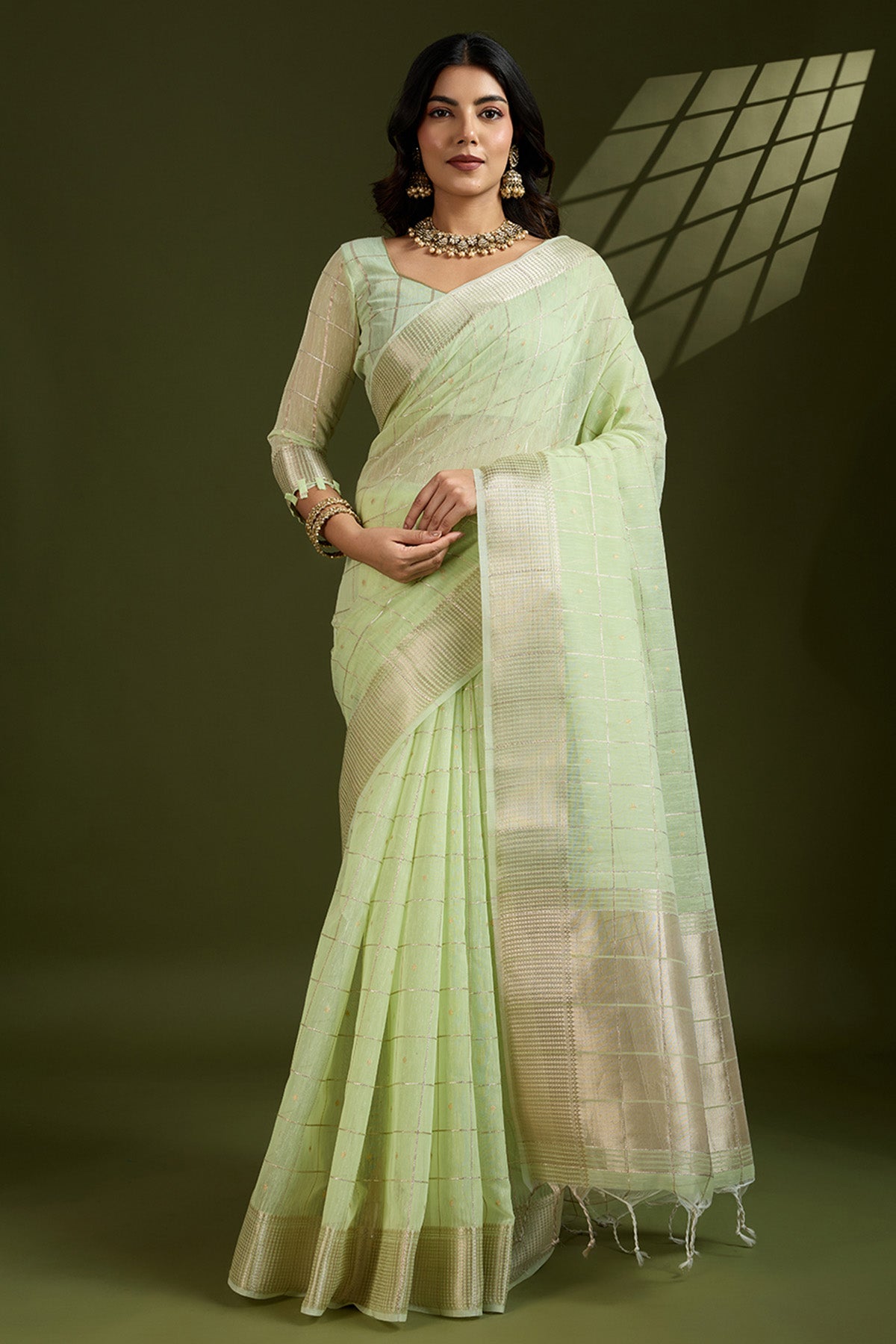 Pista Zari Silk Saree & Blouse