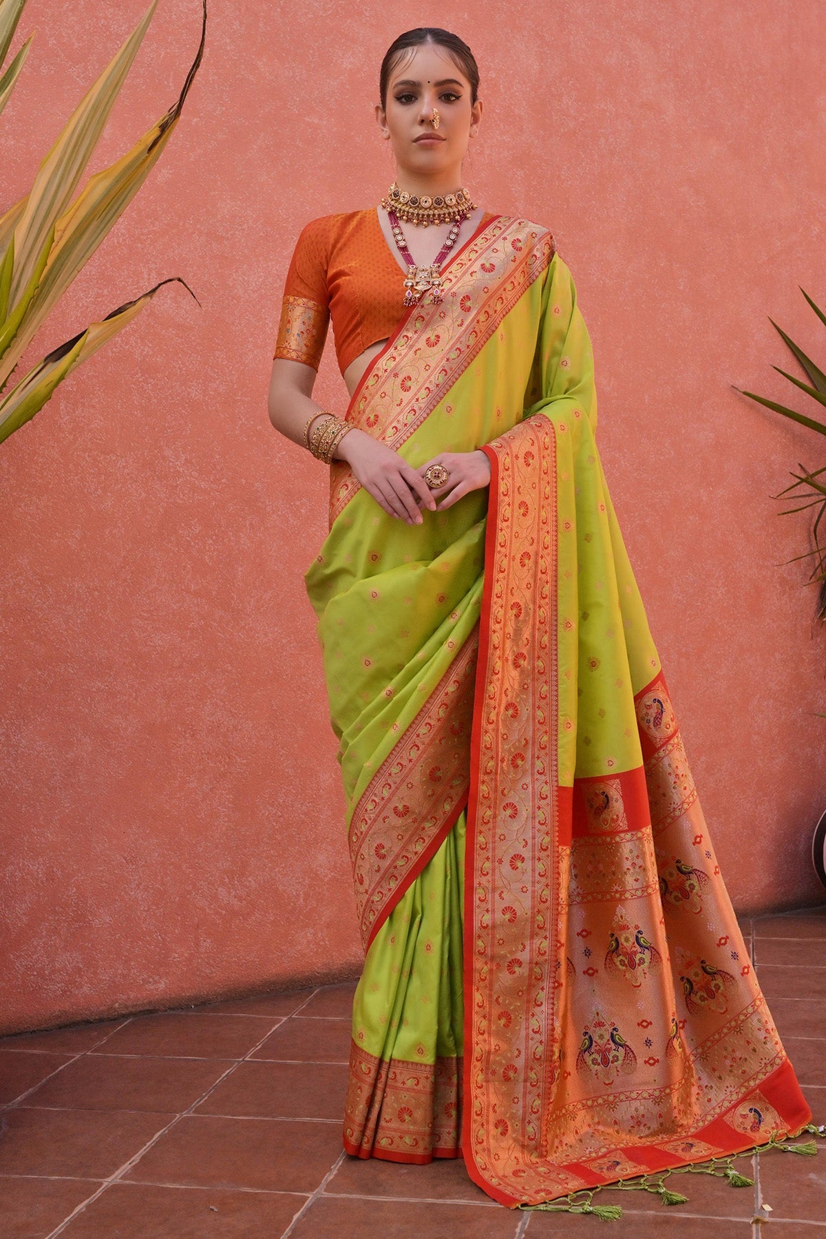Buy Pista Zari Woven Border Saree for women by Lili Lala online available at scrollnshops