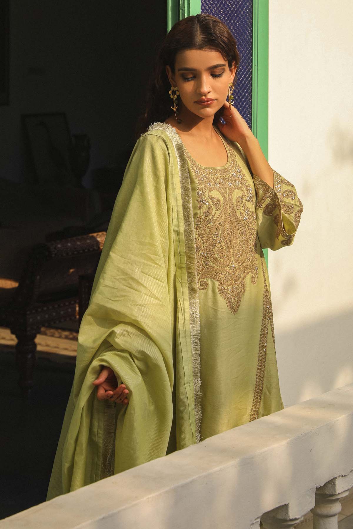 Pistachio Green Zari Kurta Set