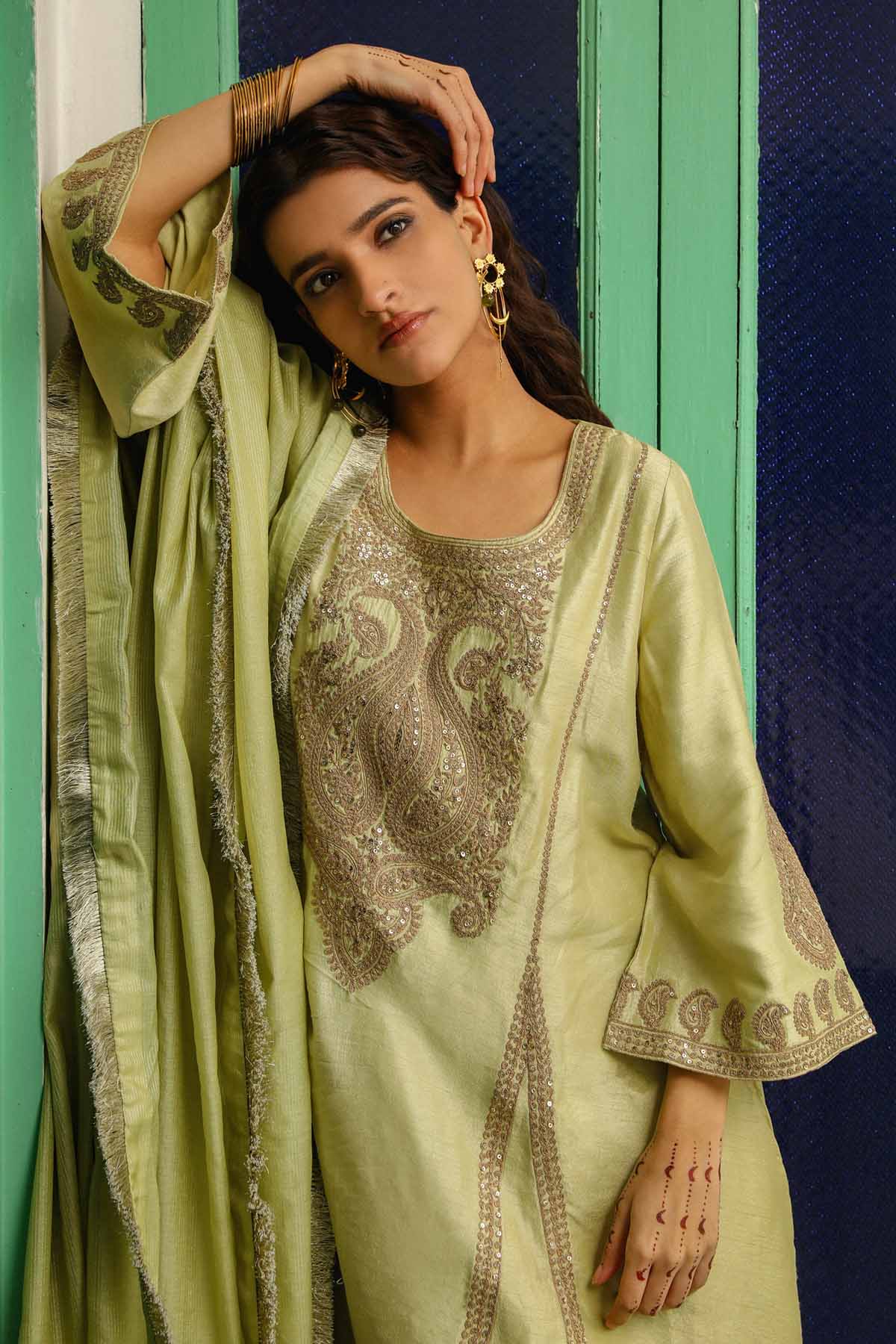 Pistachio Green Zari Kurta Set