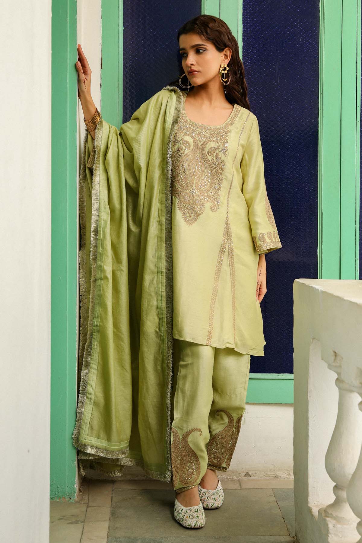 Pistachio Green Zari Kurta Set