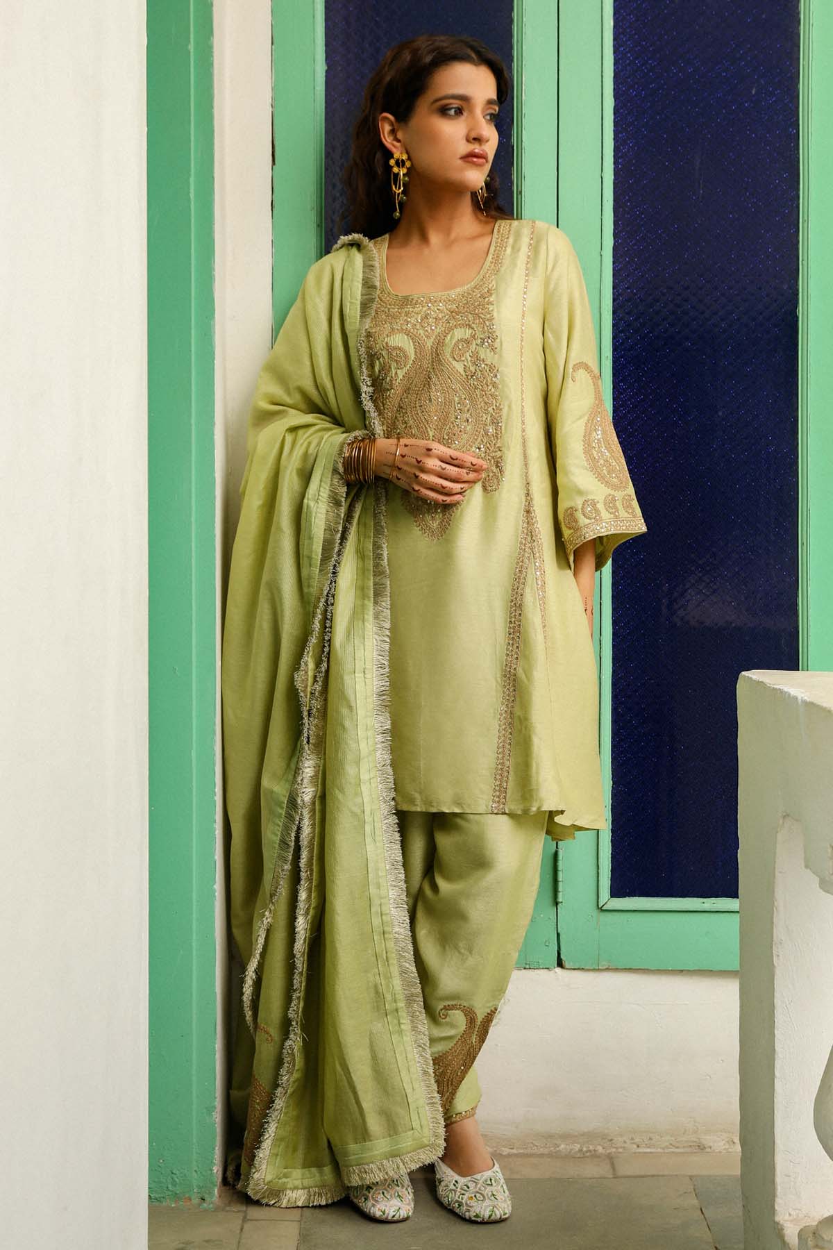 Pistachio Green Zari Kurta Set