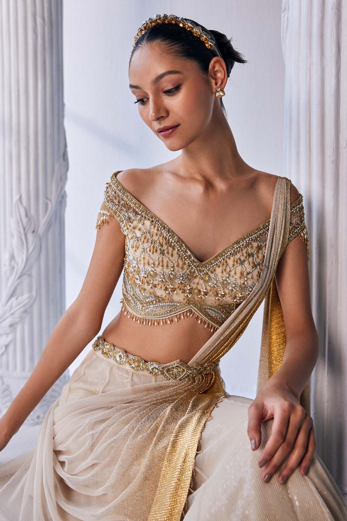Pleated Foil Drape Lehenga Set