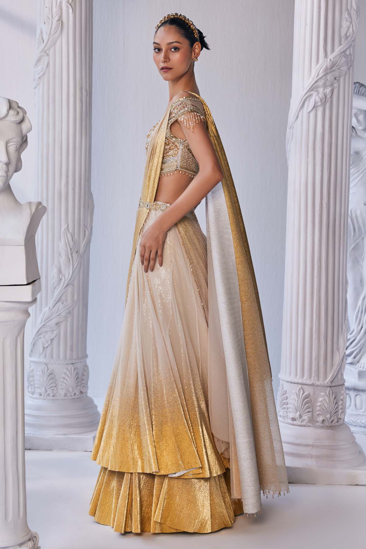 Pleated Foil Drape Lehenga Set