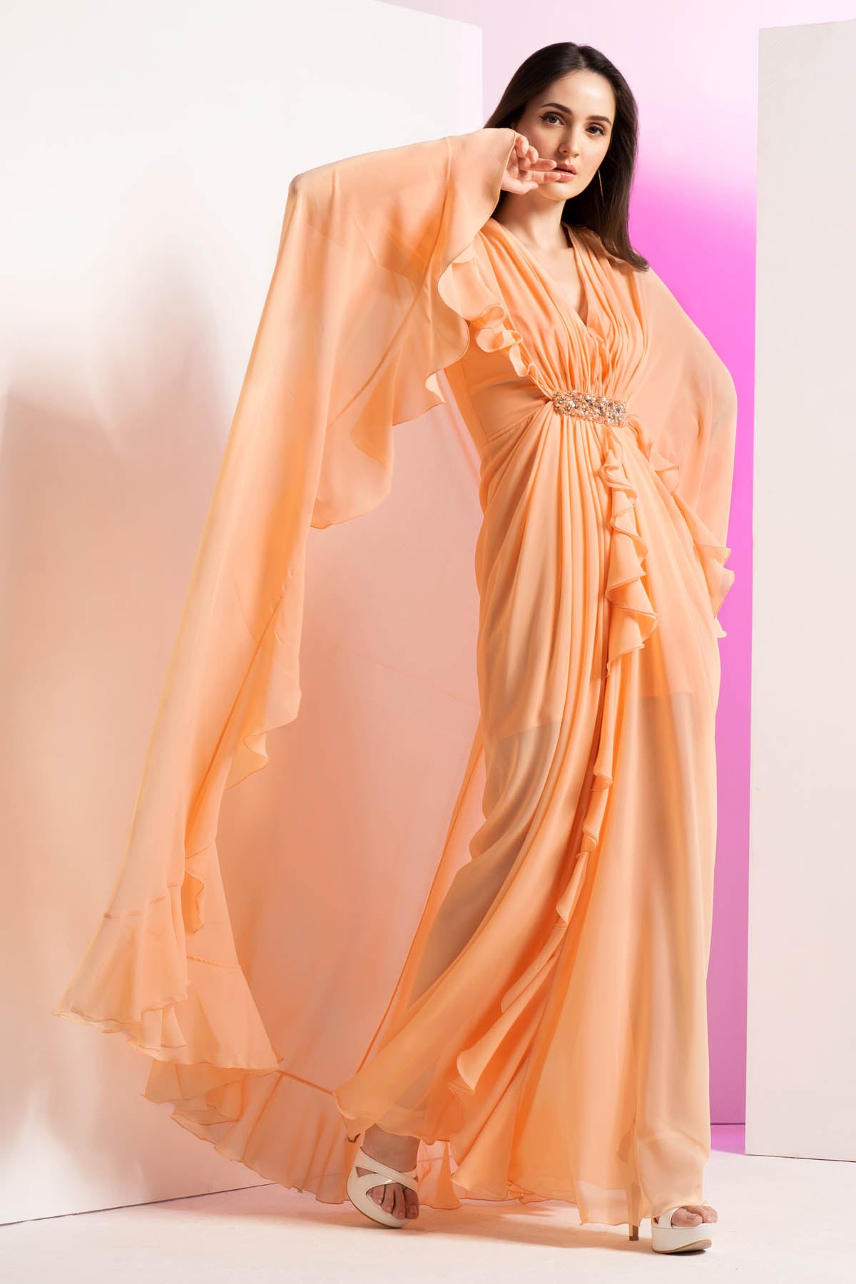 Pleated Frilled Cape Dress