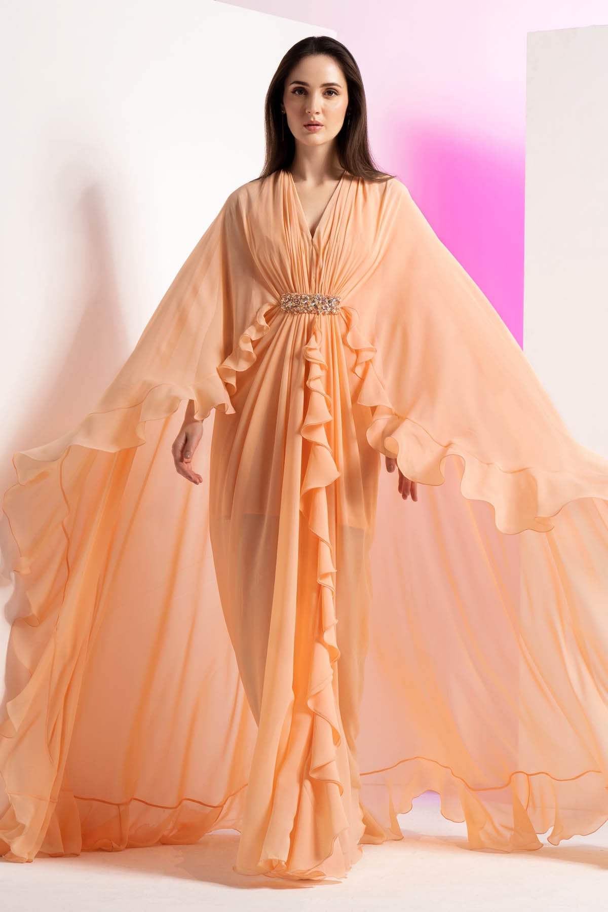 Pleated Frilled Cape Dress