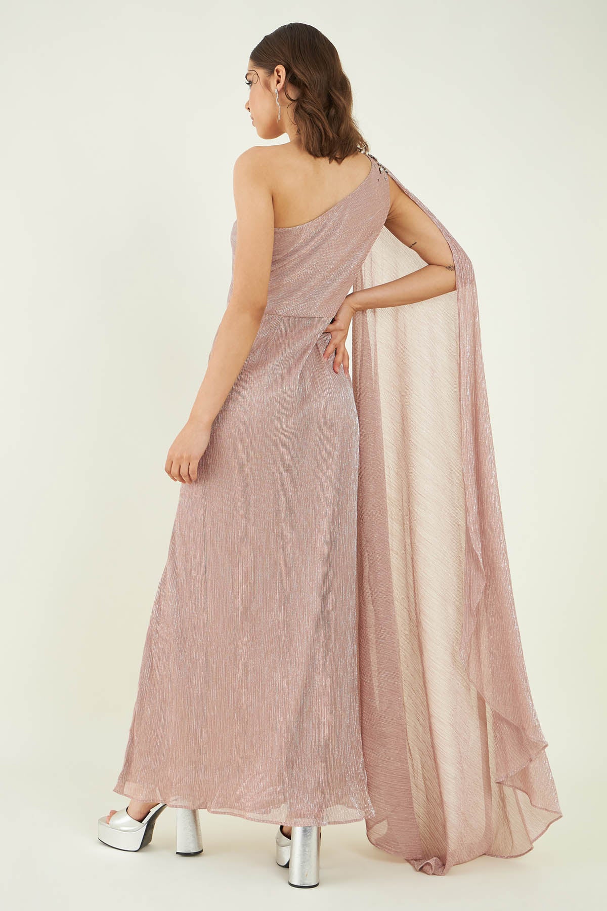 Pleated Metallic Nude Slit Dress