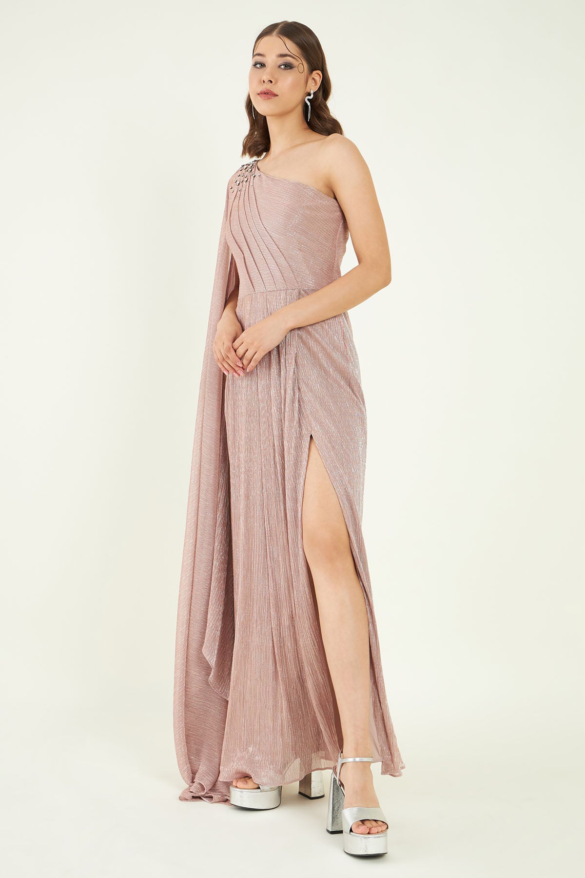 Pleated Metallic Nude Slit Dress