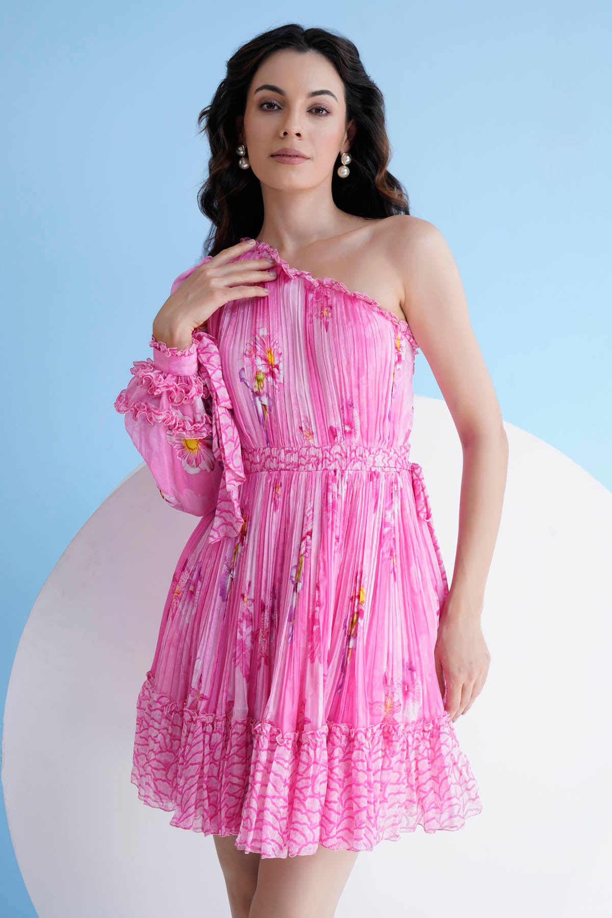 Pleated Pink One Shoulder Dress