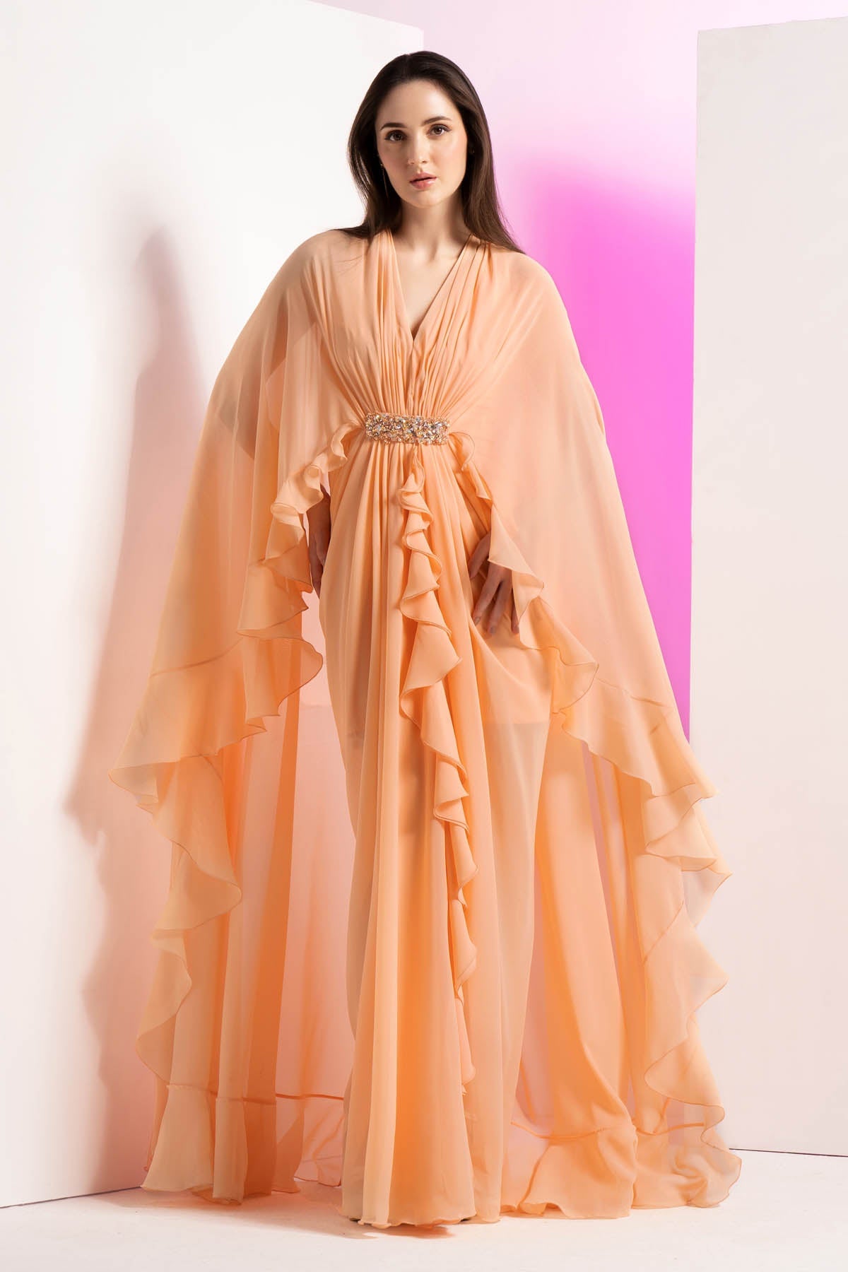 Buy Pleated Frilled Cape Dress by Mandira Wirk