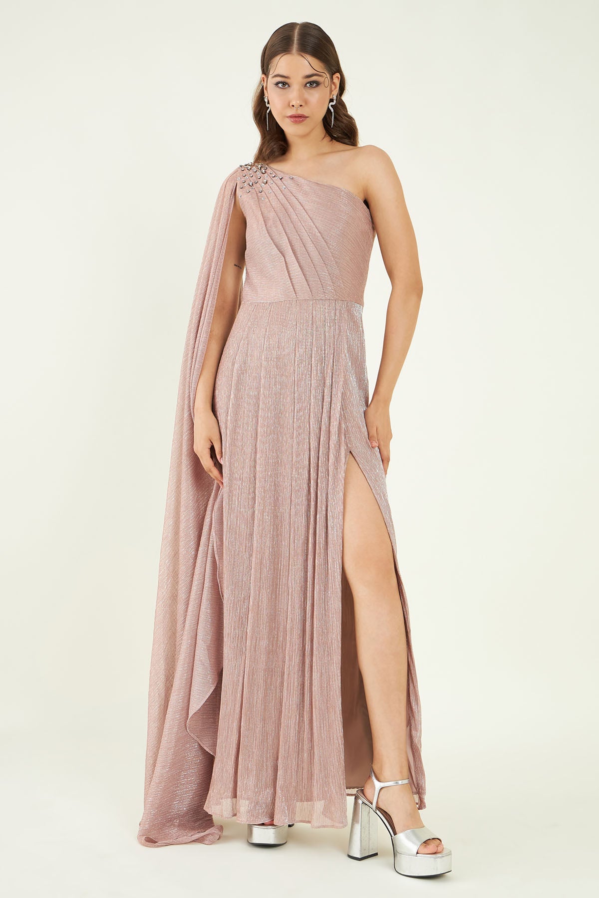 Buy Pleated Metallic Nude Slit Dress Online