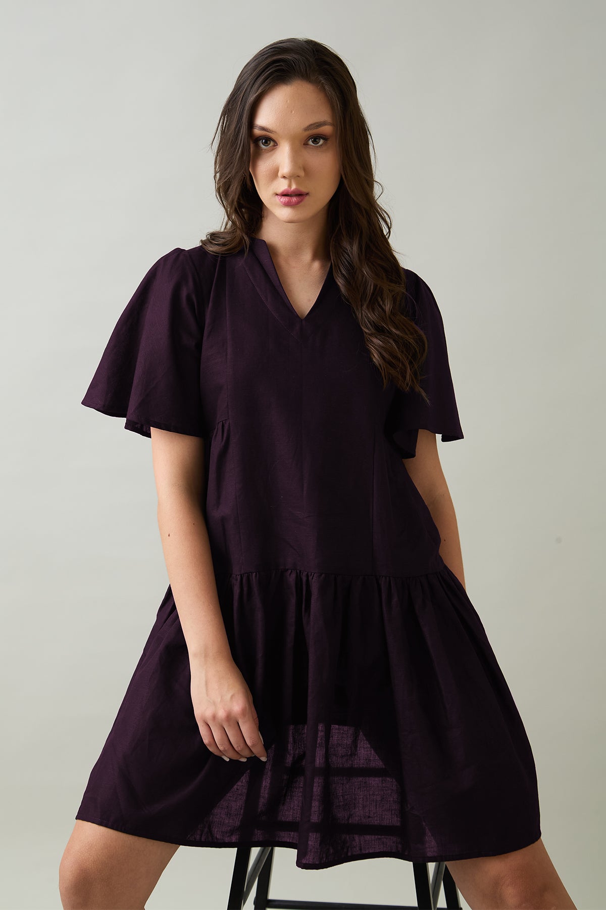 Buy Plum Cotton Linen Flare Dress for Women by SNEHA B Designer online available at scrollnshops