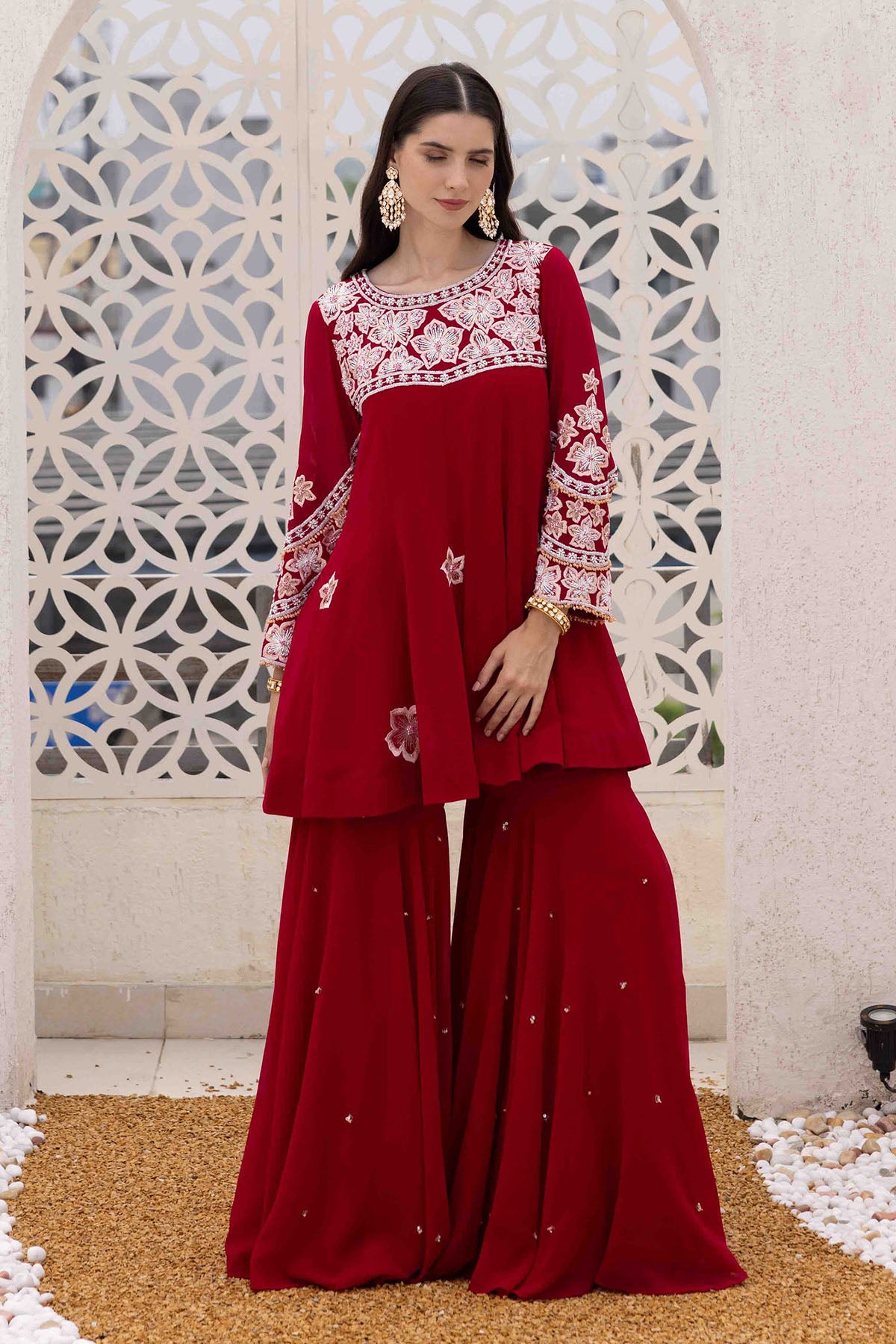 Plum Crystal Floral Sharara Set