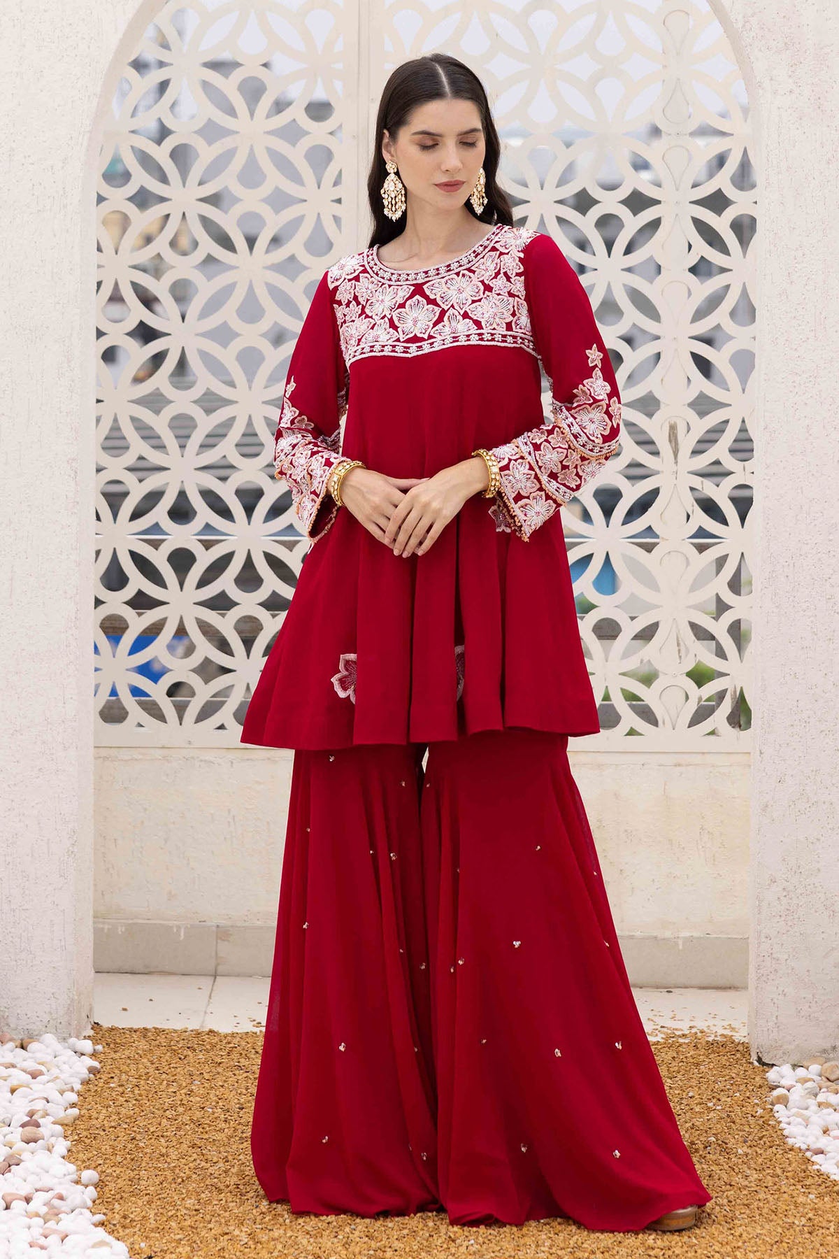 Plum Crystal Floral Sharara Set