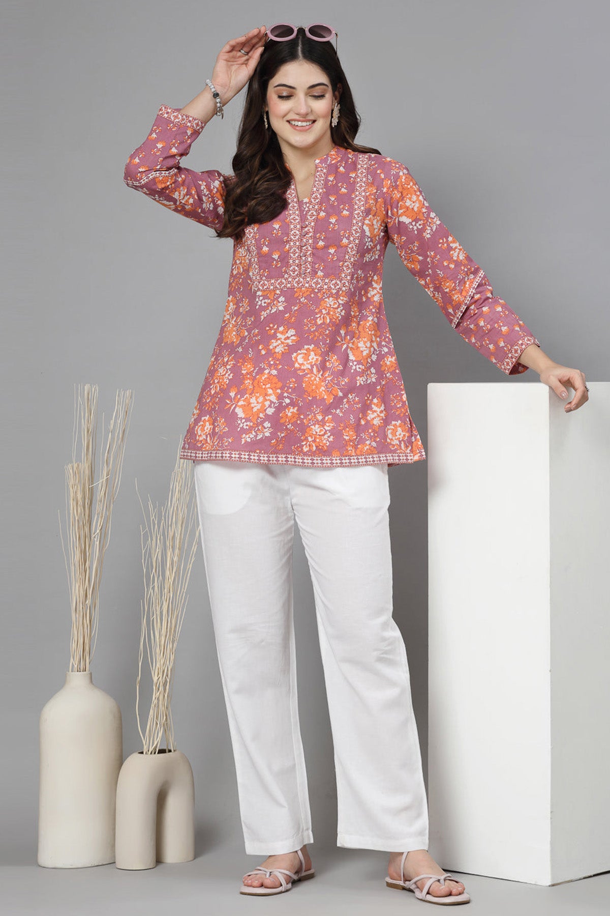 Plum Floral Mandarin Collar Top