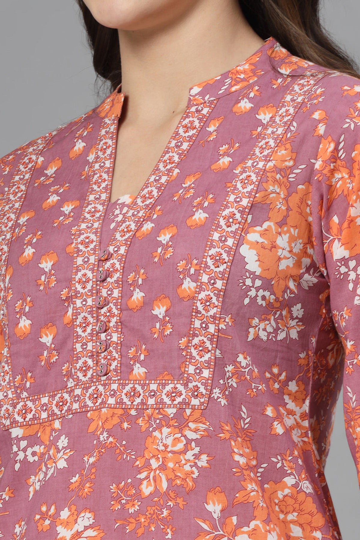 Plum Floral Mandarin Collar Top