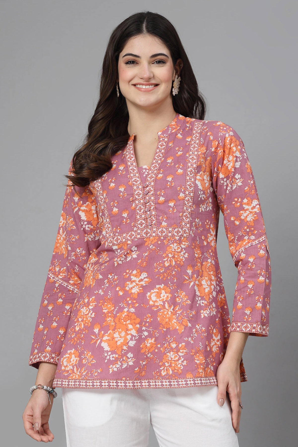 Buy Plum Floral Mandarin Collar Top for Women by Qomn Designer online available at scrollnshops