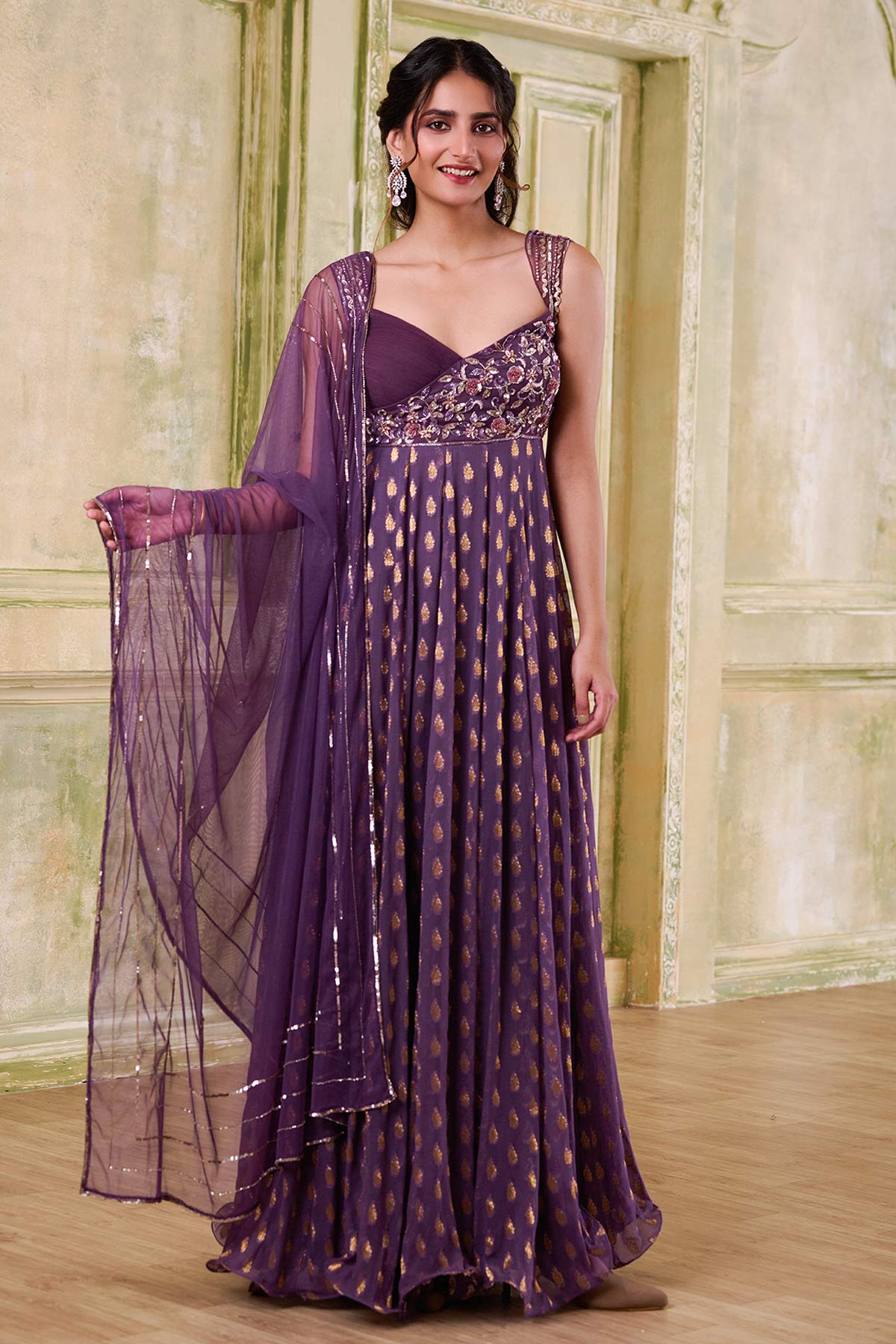 Buy Plum Georgette Motifs Anarkali  for women by Mudita by Urmila online available at scrollnshops