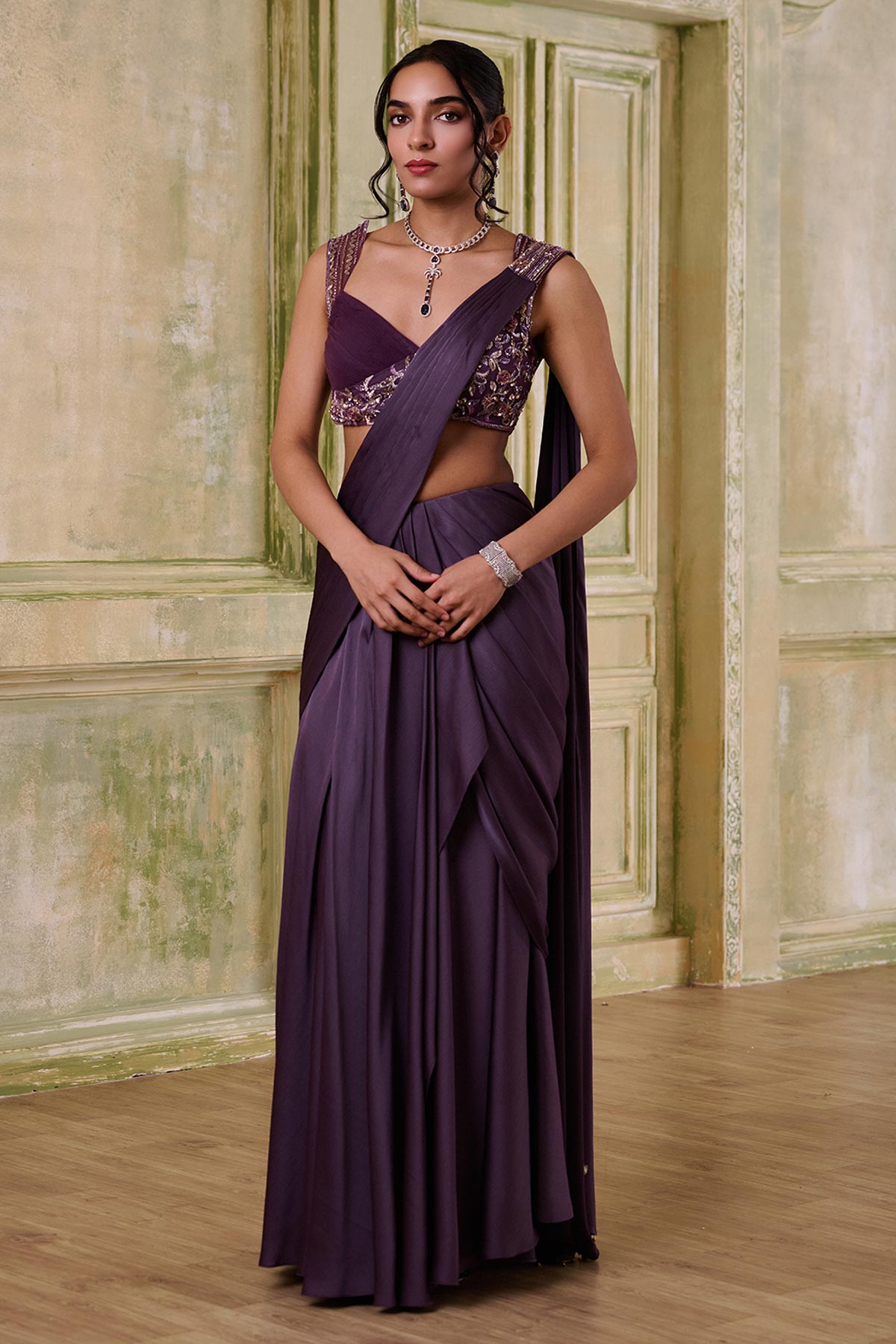 Buy Plum Italian Draped Saree Set for women by Mudita by Urmila online available at scrollnshops