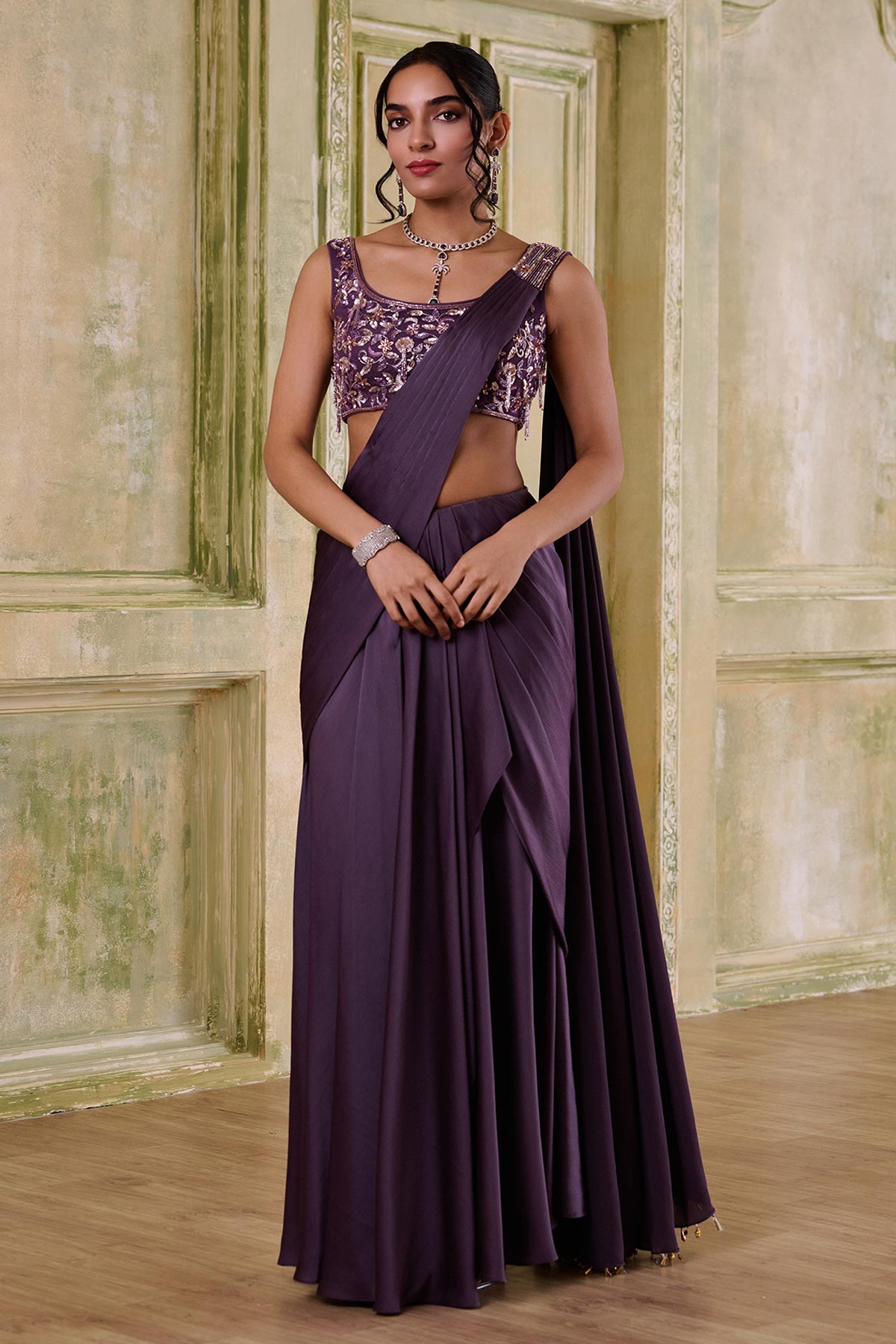 Buy Plum Italian Pre Draped Saree for women by Mudita by Urmila online available at scrollnshops