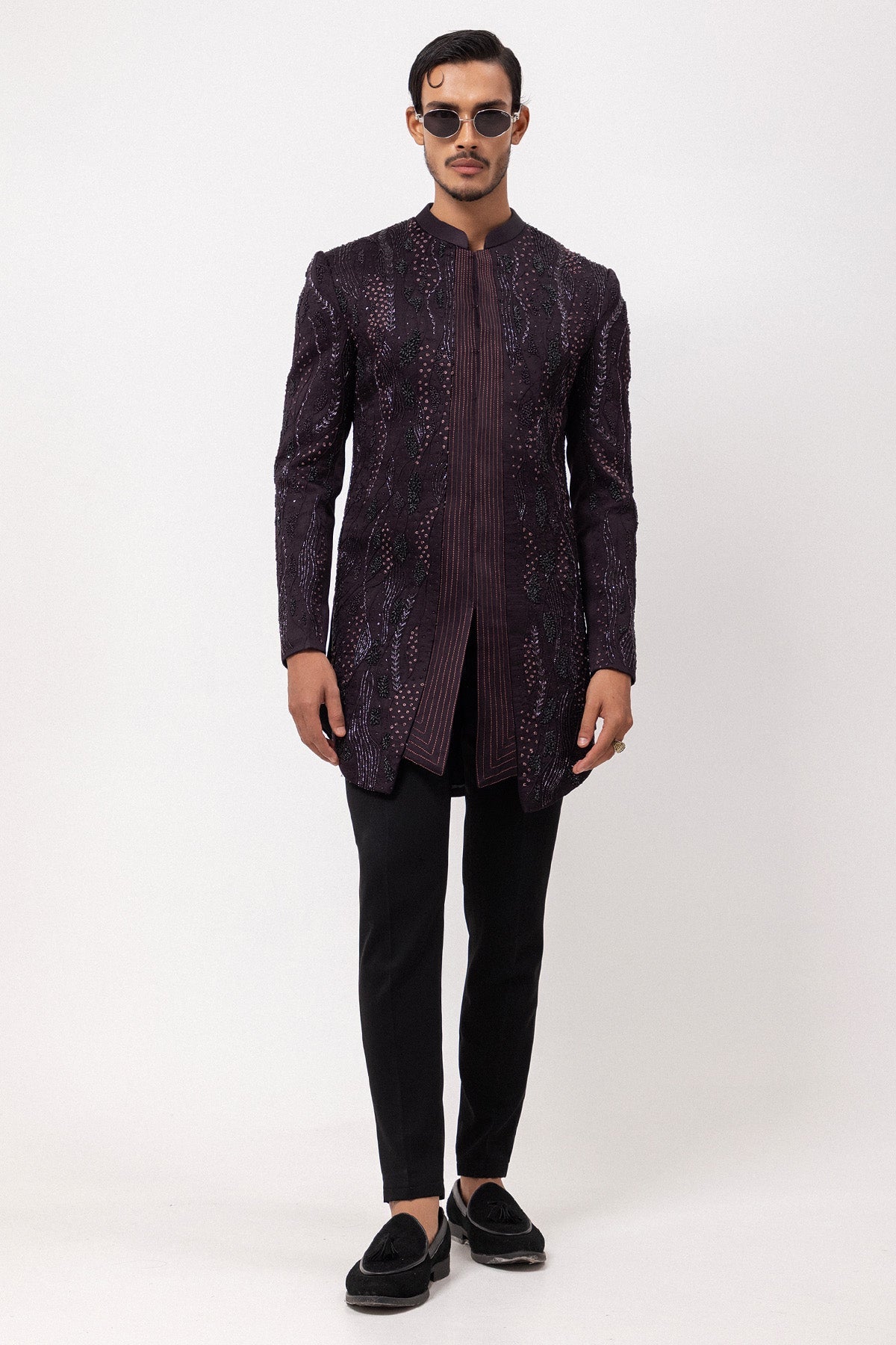 Buy Plum Linen Satin Pintuck Jacket for men by Paarsh Atelier online available at scrollnshops