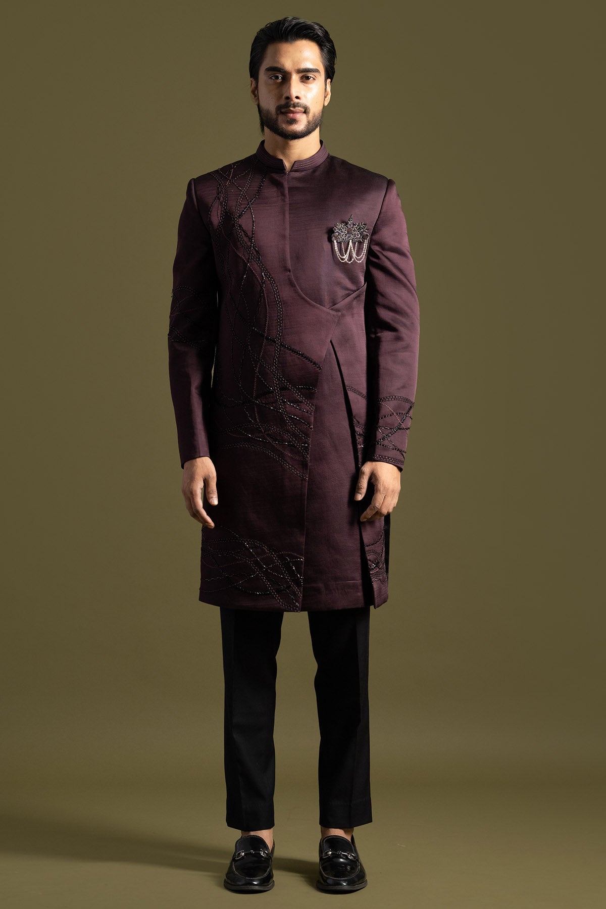 Buy Plum Thread Cutdana Achkan Set for men by Paarsh Atelier online available at scrollnshops